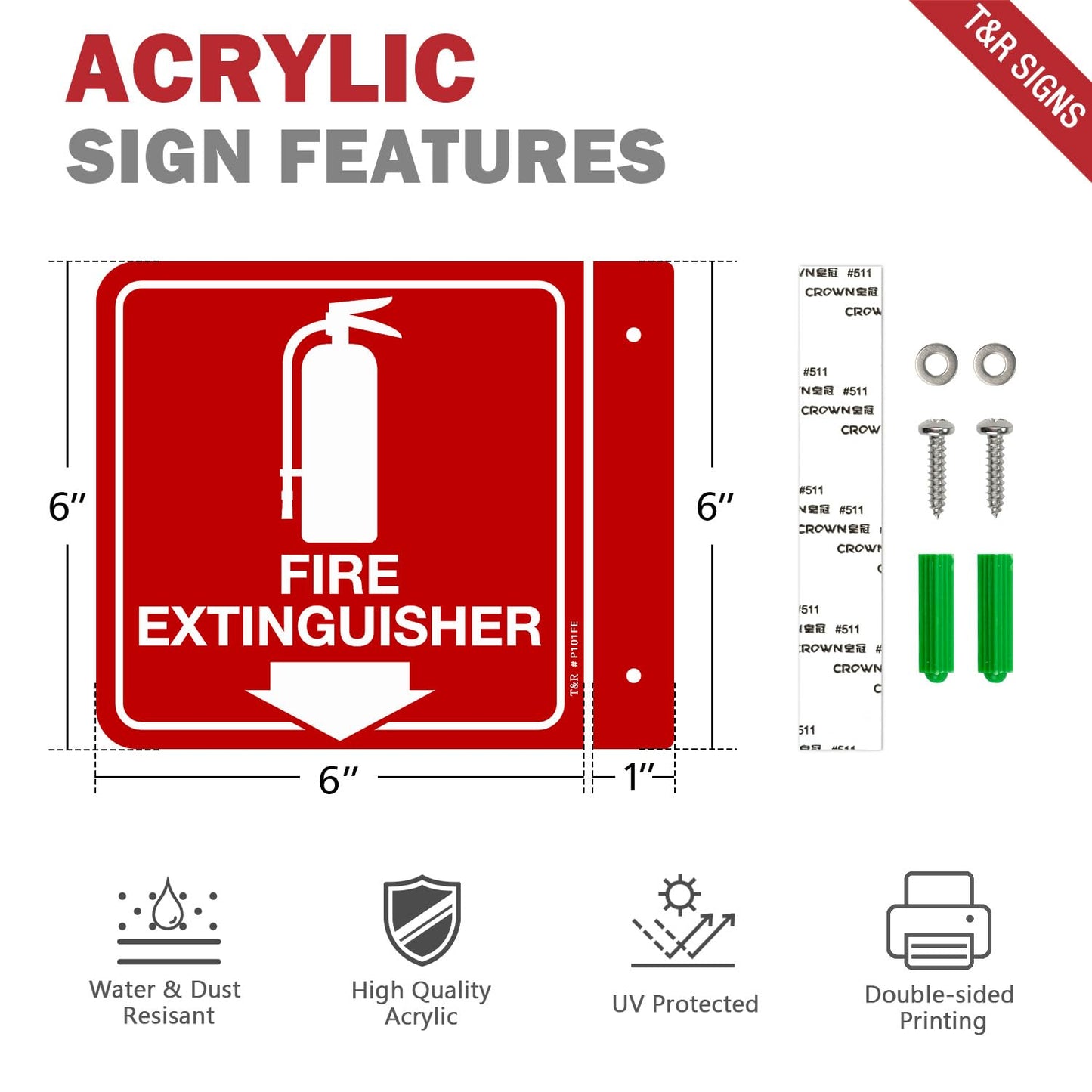 T&R Fire Extinguisher Sign, Fire Extinguisher with Down Arrow - 8 Pack - 6 x 6 Inches Acrylic, 2 pre-drilled holes, Includes Matching Screws, Use for Home Office/Business