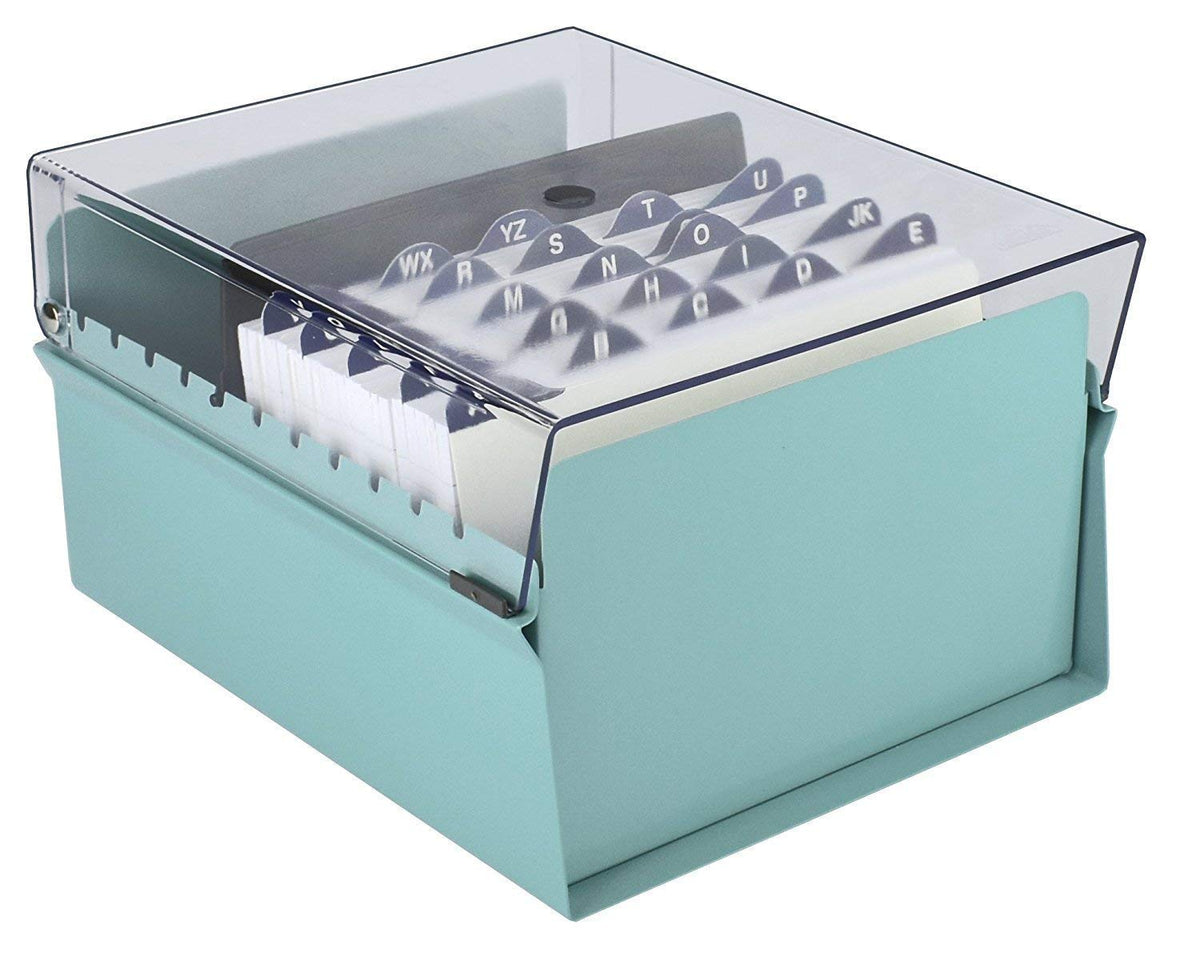 Acrimet 5 X 8 Card File Holder Organizer Box Metal Base Heavy Duty (AZ Index Cards and Divider Included) (Green Color with Clear Crystal Plastic Lid Cover)