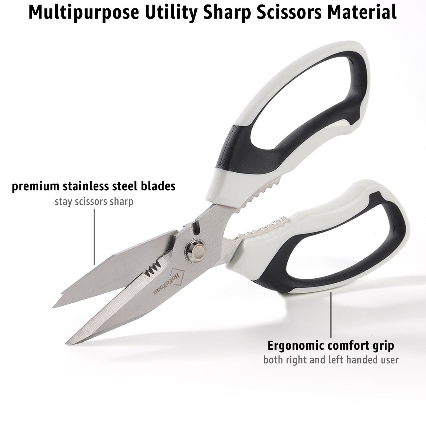 BoFuYuan 8-Inch Utility Scissors All Purpose Heavy Duty, Serrated Blade, White Comfort Grip for Cutting Carpet, Cardboard, Leather, Fabric, Multipurpose Sharp Shears for Kitchen, Garden, Office, Carft