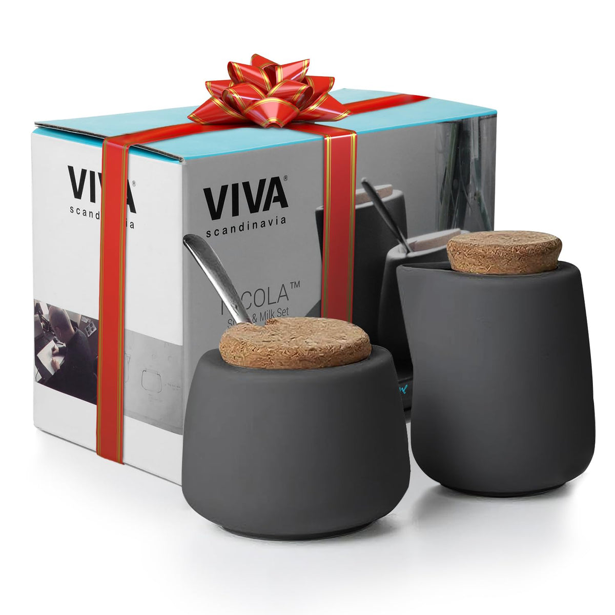 VIVA Nicola Charcoal Sugar and Creamer Set, Porcelain Cream and Sugar Set with Cork Lid & Spoon, 7oz / 200ml Coffee Serving Set for Coffee Bar, Tea Station & Countertop