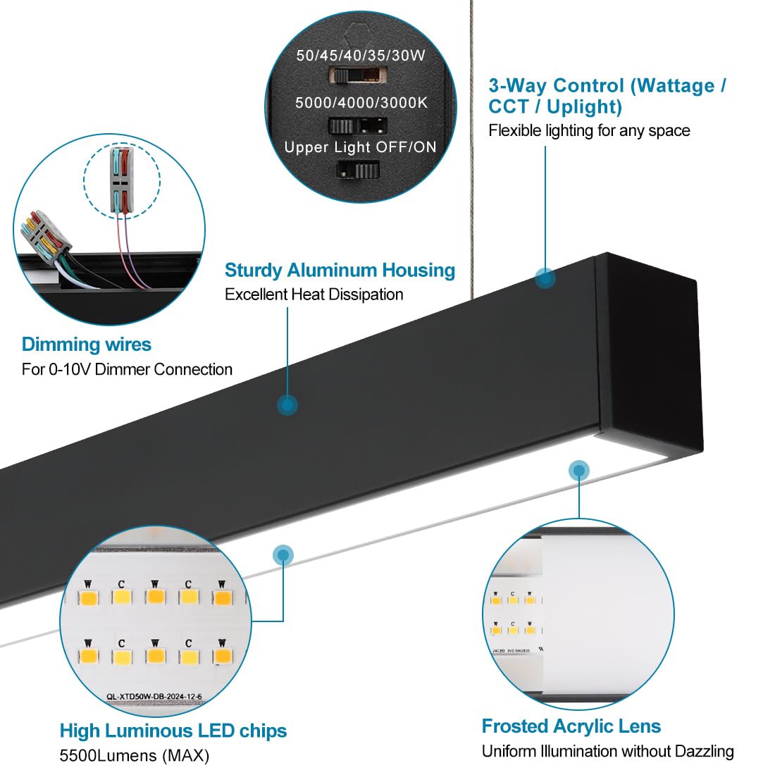 4FT Linkable LED Linear Light, 50/45/40/35/30W Adjustable, 3000K/4000K/5000K Selectable Linear Lighting Fixture, 0-10V Dimmable Architectural Hanging Office Shop Light for Gym Retails, ETL 1Pack