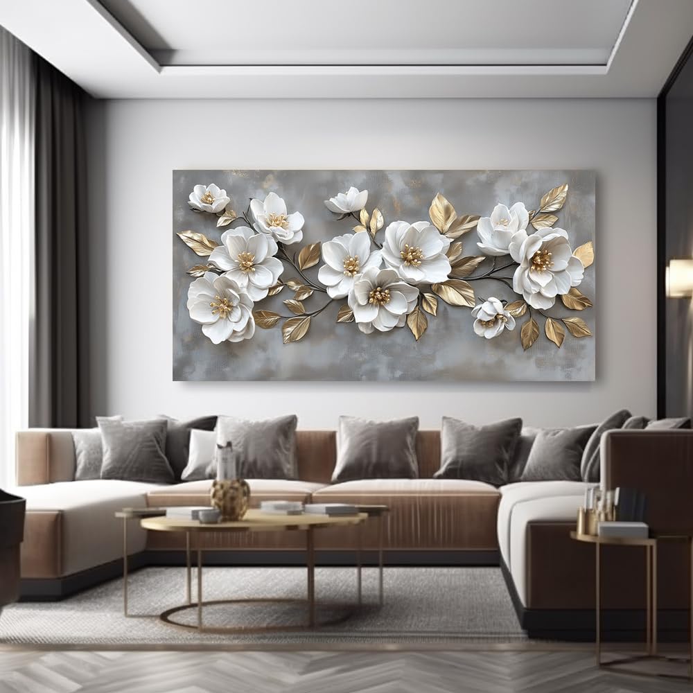 LAVIKARS Modern Gray Flowers Wall Art for Living Room Office White and Golden Floral Landscape Canvas Painting Prints Large Delicate Petals Artwork Kitchen Home Bedroom Decor (16x30 Inches)