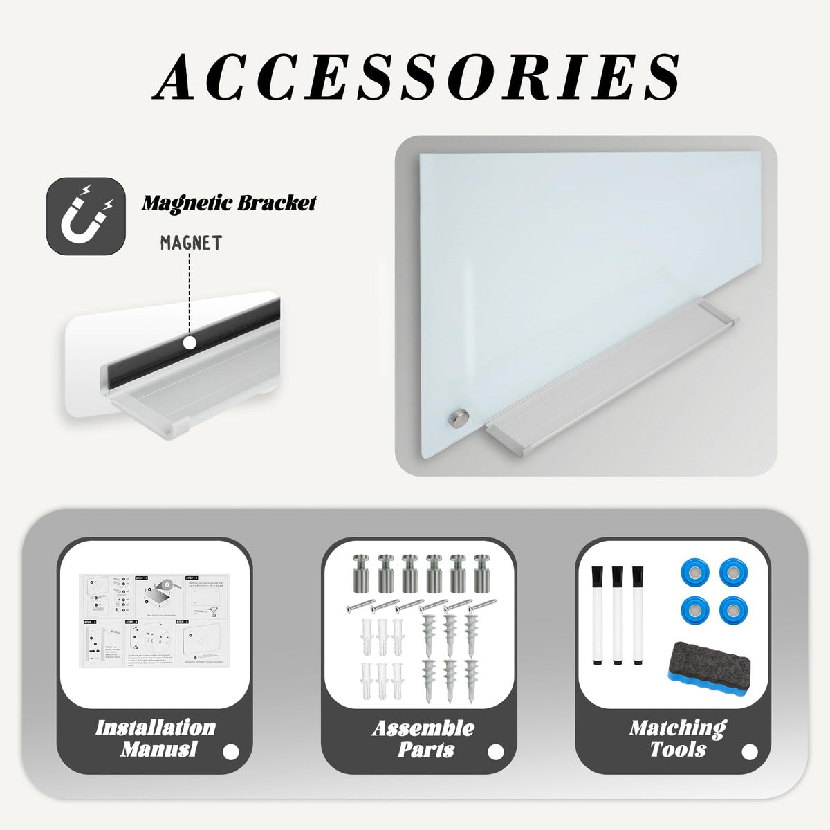 JYYPWB Magnetic Large Glass Board 72"x 48" Dry Erase Writing Board Premium Tempered Glassboard Frameless Message Board with Full Accessories Wall Mounted White Board
