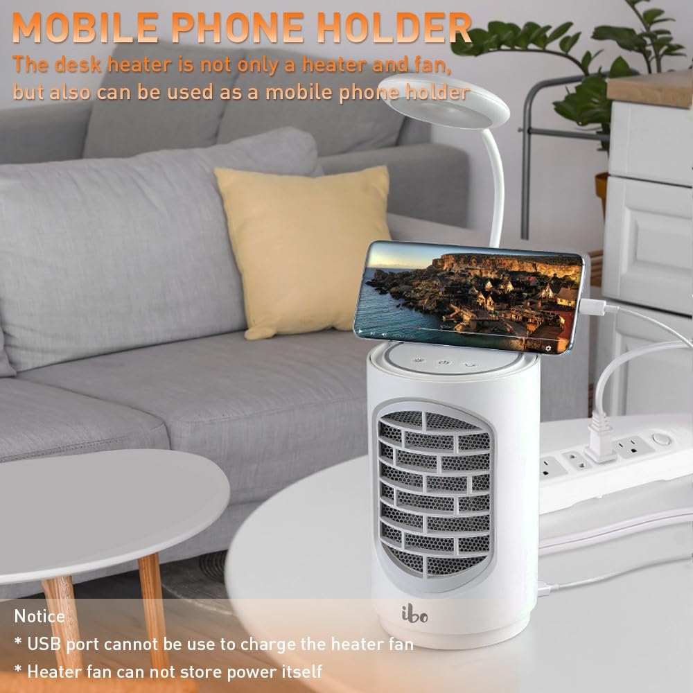 ibo Electric Space Heater Ceramic Small Heater with LED Light, 600W Heater Fan 4 in 1 Desk Heater for Home Office and Indoor