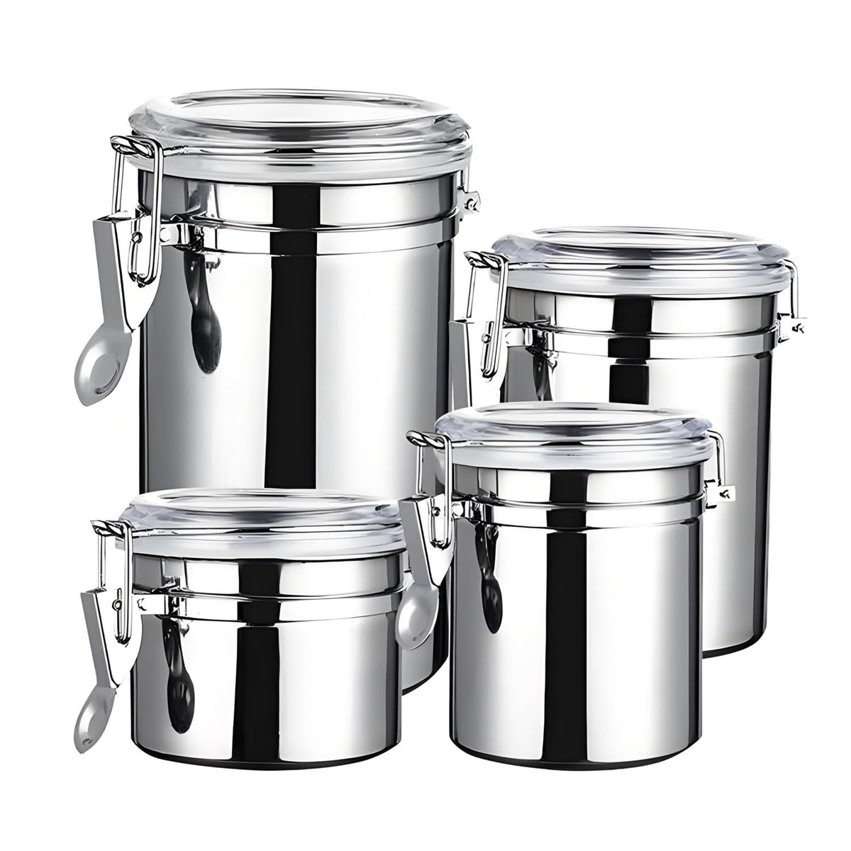 4-Piece Stainless Steel Airtight Canister Set with Clear Lids, 28/32/38/65 oz Food Storage Containers with Clamp Locks for Coffee, Tea, Sugar, Flour, Candy, Cookie, Kitchen Organization (Silver)
