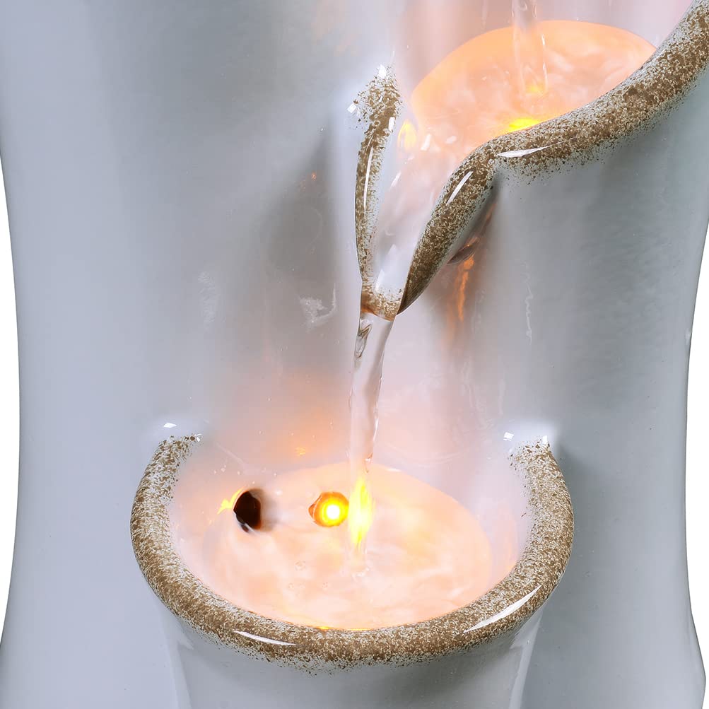 Haobos Indoor Water Fountain Imitation Ceramics Appearance Tabletop Fountain Relaxation Desktop Waterfall w/ 3 Reflective led, 9.8 Inch Tall Fountain (Grey)