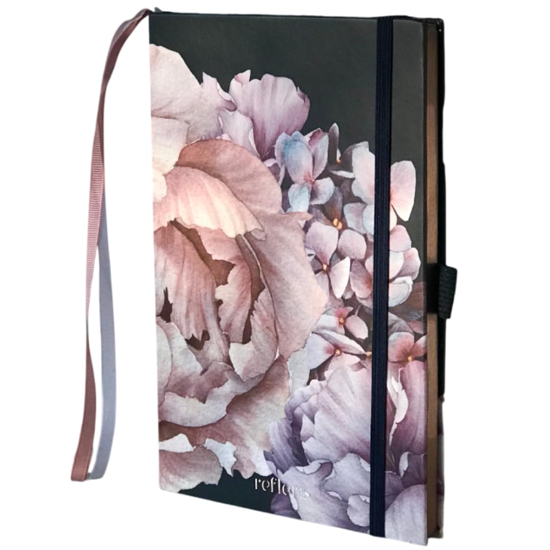 Refleris A5 Journal Notebook – Lined, 120 GSM Thick Paper, Floral Hardcover with Metallic Edges, Pen Loop, 2 Ribbons & Inner Pocket – Pink Writing Diary for Women, Work or Gifts