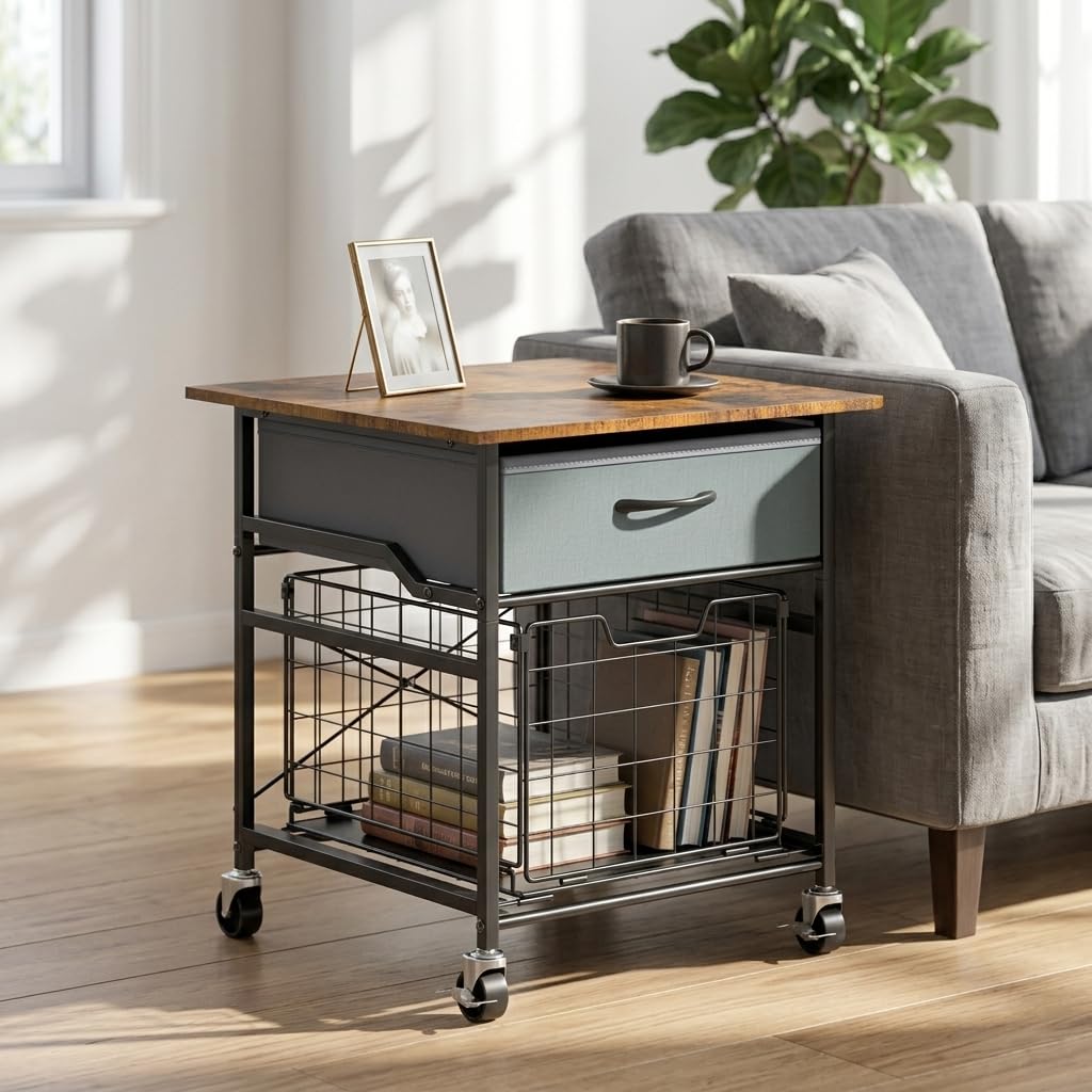 GloCryp Mini Fridge Stand, Heavy-Duty End Table Fridge Table with Storage, Small Refrigerator Stand with Rolling Wheels for Dorm, Kitchen,Pantry