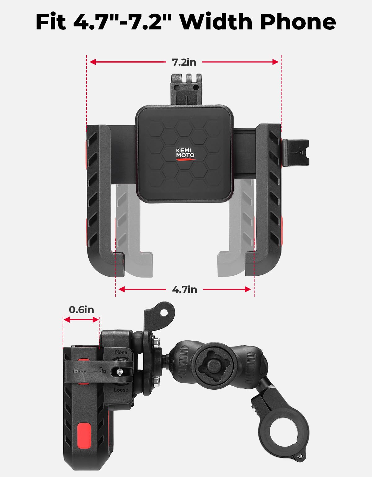 KEMIMOTO Motorcycle Phone Mount with Anti-Theft, Anti-Vibration Dampener Mount One-Hand Operation 360° Adjustable for Motorcycle Bike ATV Scooter Golf Cart Fit 4.7"-7.2" Cellphone
