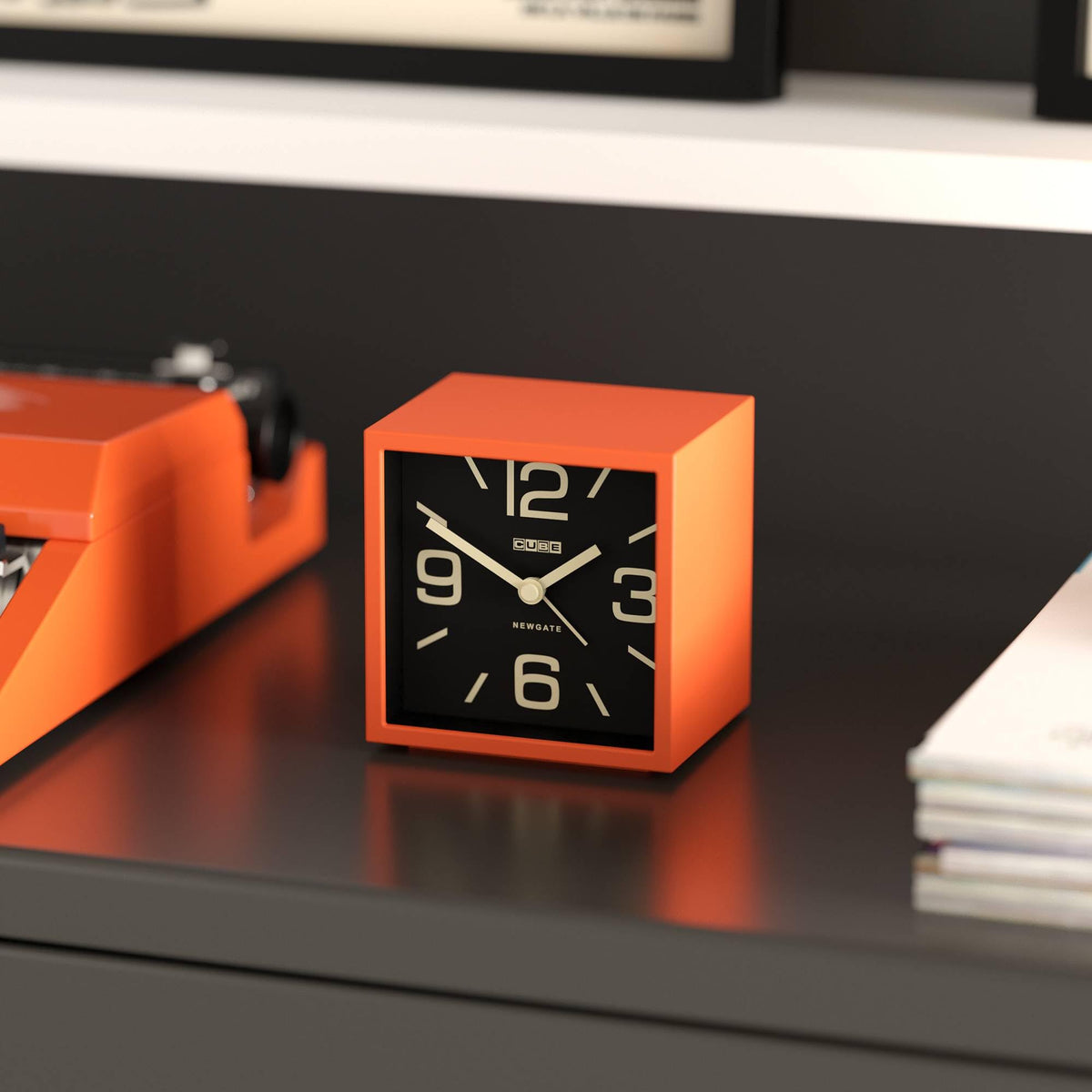 NEWGATE® Cube Alarm Clock | Design-led Cube Shaped Retro Alarm | Orange | Ideal for Bedside, Desk, Shelf & Mantel | Mid-Century Retro Bedroom & Office Accessory