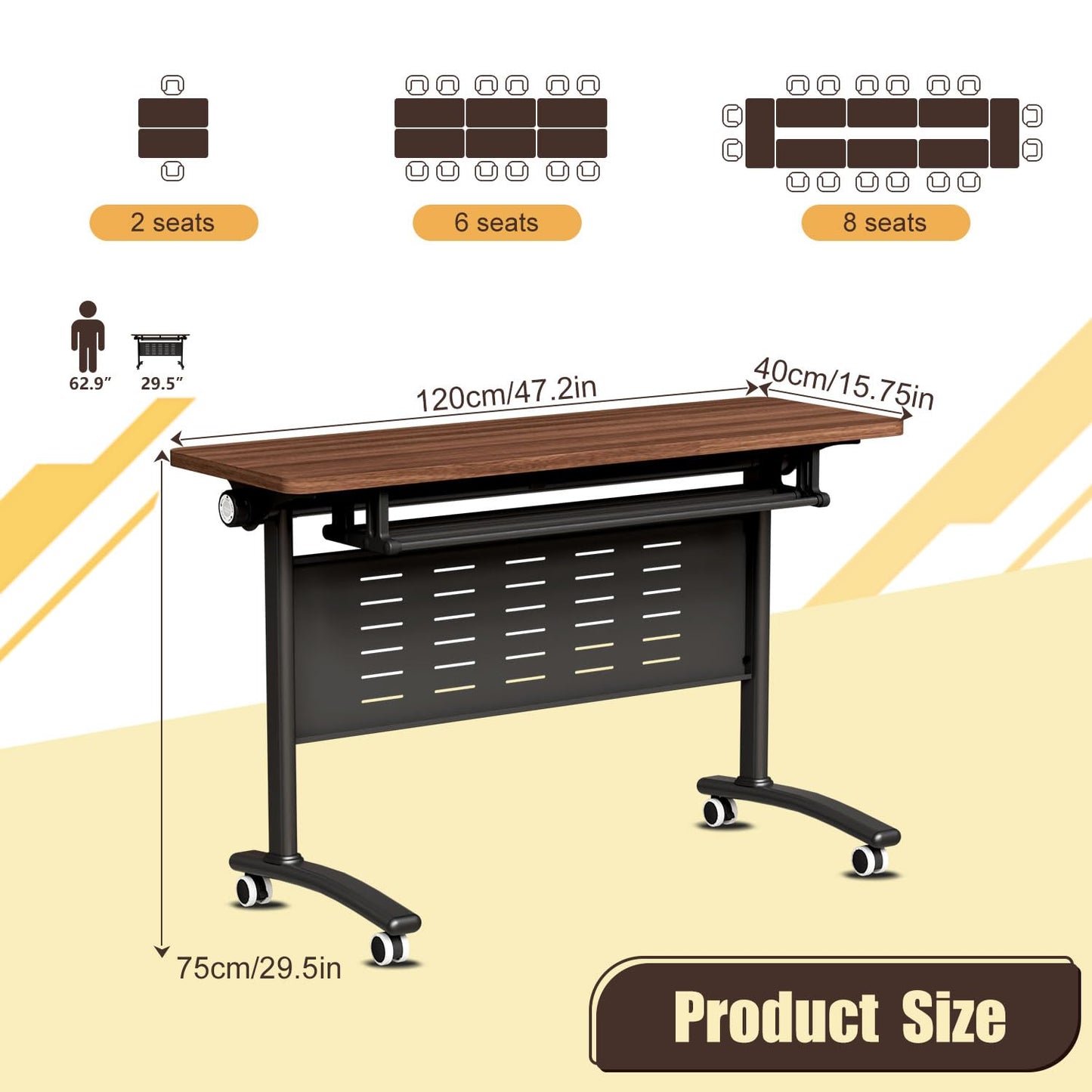 Folding Conference Room Table, Modern Conference Tables with Wheels for Office Classroom,Flip-Top Training Table Water-Resistant P2 Particle Board & Anti-Corrosion Alloy Frame (2, Walnut-Small, 47.2)