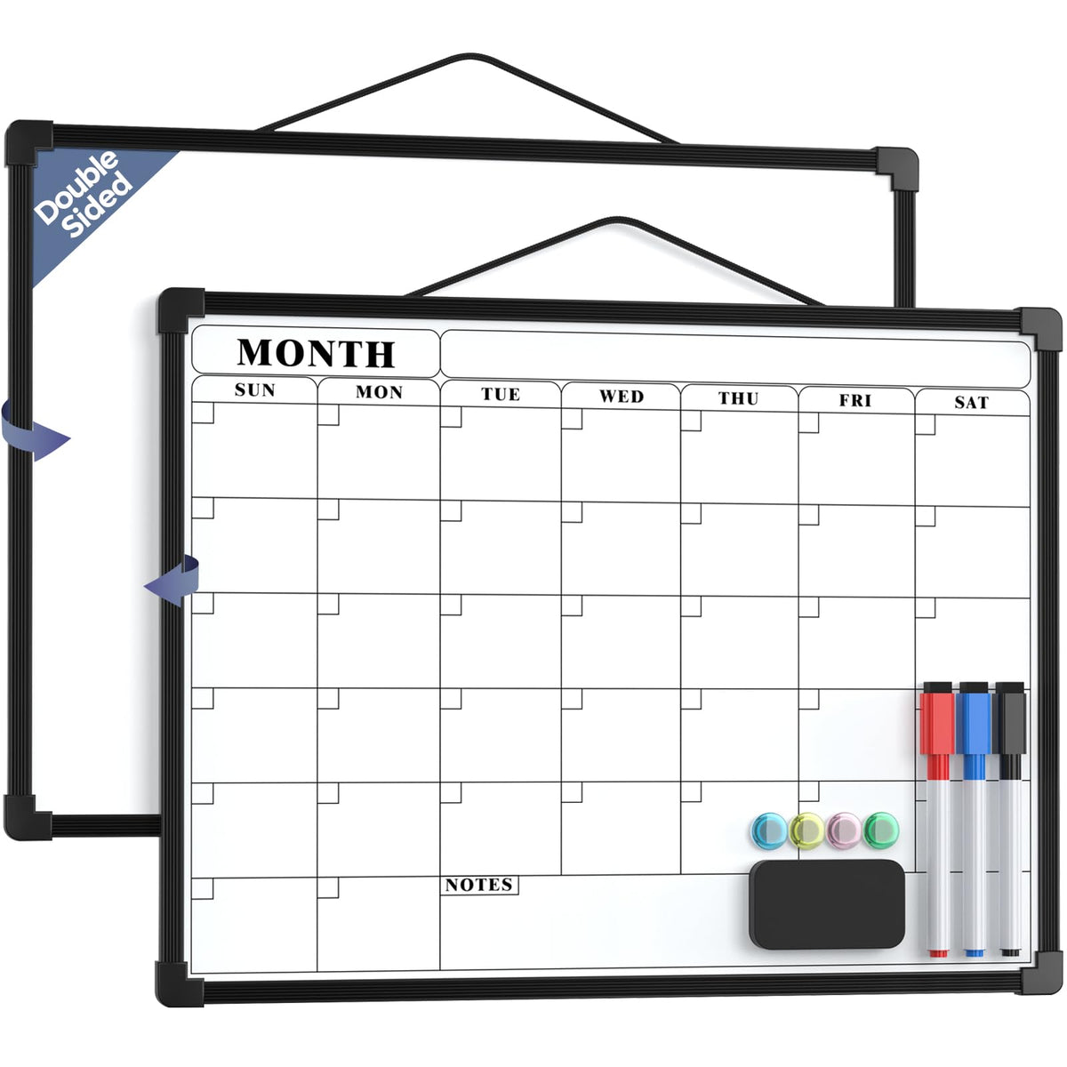 MaxGear Monthly Calendar Dry Erase Board for Wall, 16"x12" Small Hanging Double-Sided White Board, Portable Whiteboard for Planning, Drawing, Memo, to Do List, School, Home, Office, Black Frame