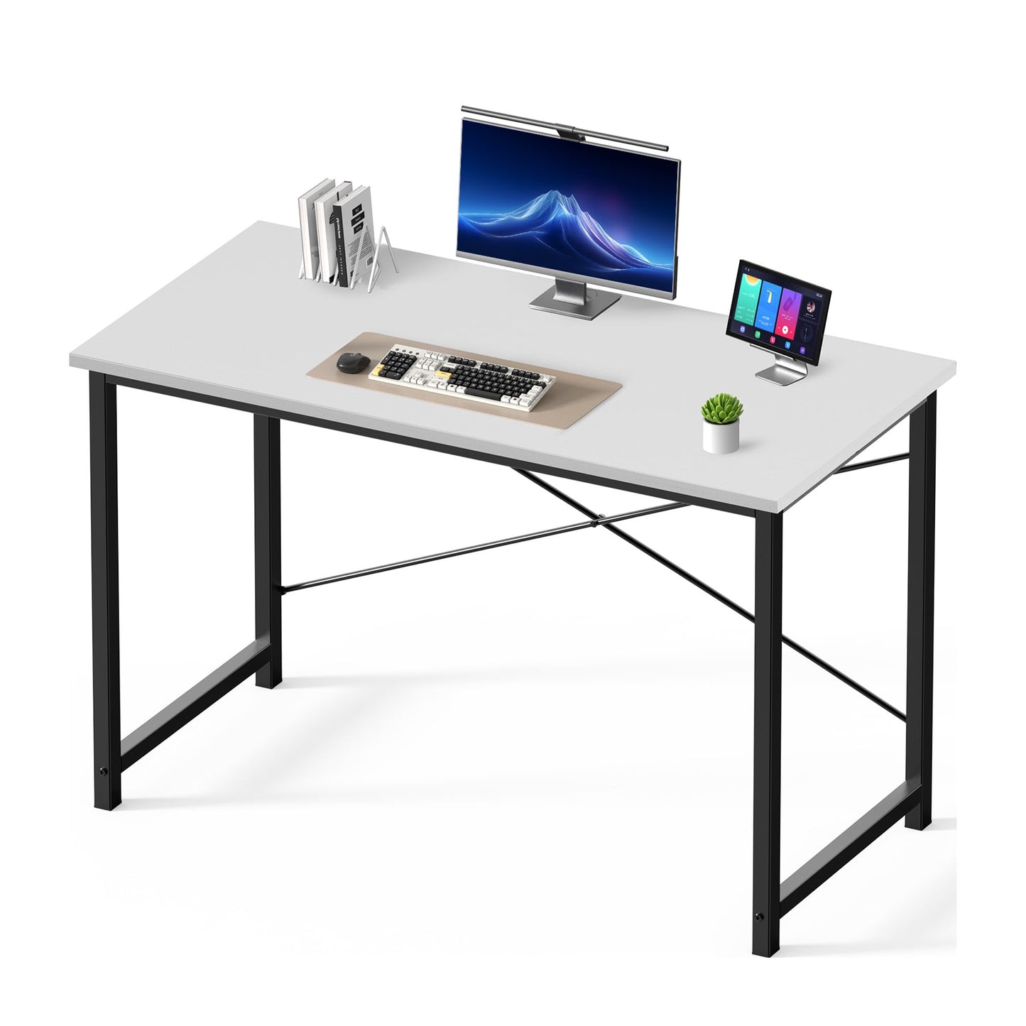 Sweetcrispy Small Computer Desk, 47" Office Writing Desk with Metal Frame & Wooden Top, X-Shaped Reinforcement, Student Study Home Bedroom Table, White