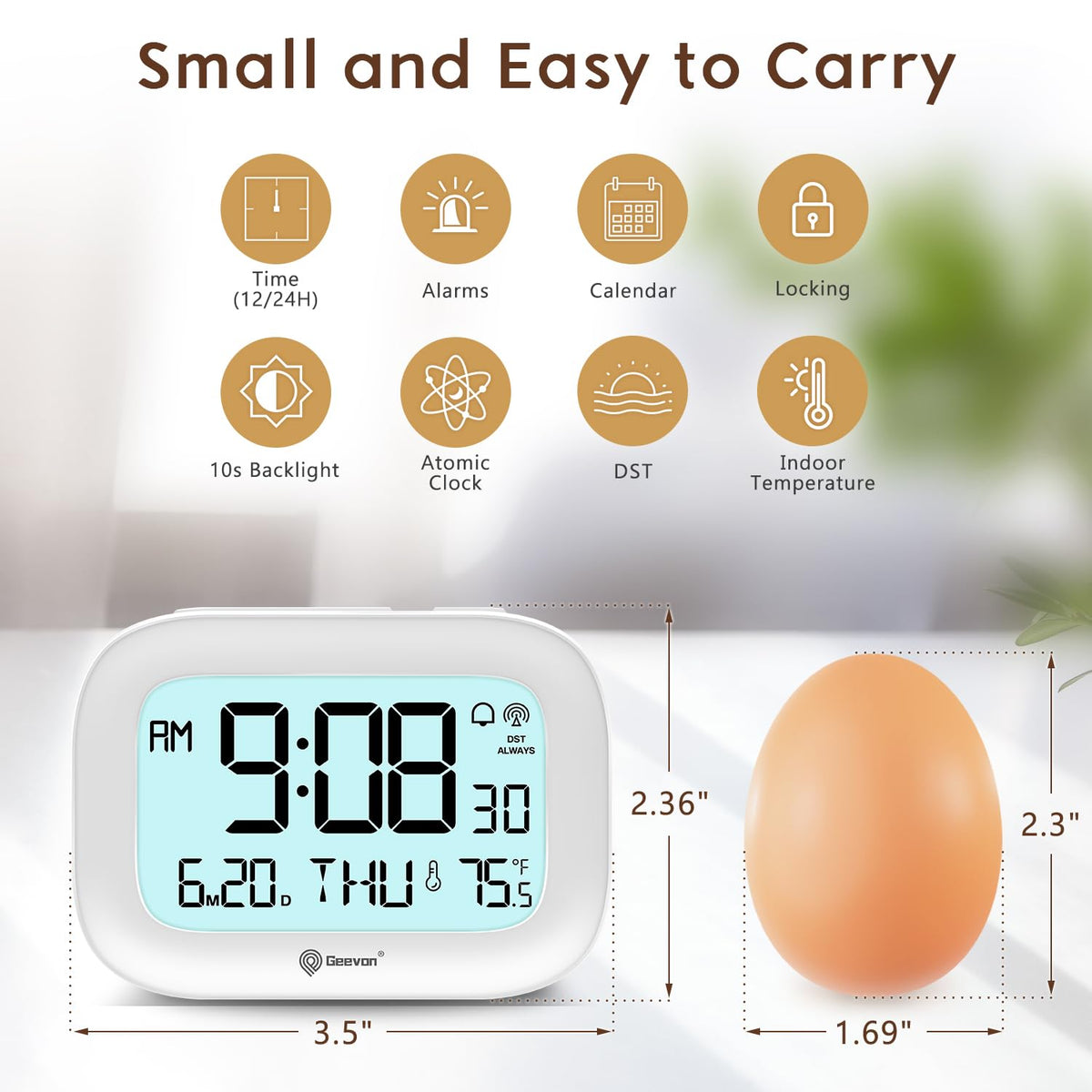 Geevon Small Digital Atomic Alarm Clock for Bedroom, Portable Battery Operated Travel Desk Clock for Heavy Sleepers, with 10s Backlight, Temperature, 3 Inch Display, White
