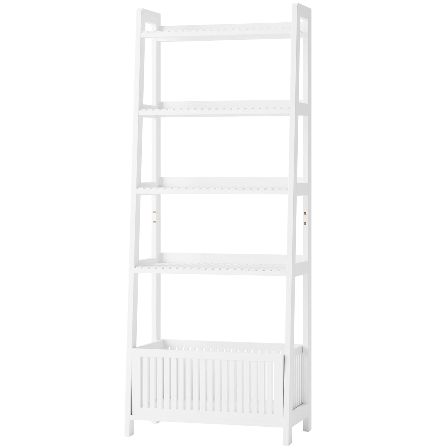 Bamjoy Bamboo White Bookshelf with Slatted Basket, Ladder Bookcase with 4 Display Shelves and 1 Open Storage Basket, Multifunctional Storage Rack Organizer for Home Office, Bedroom, Living Room, 66” H