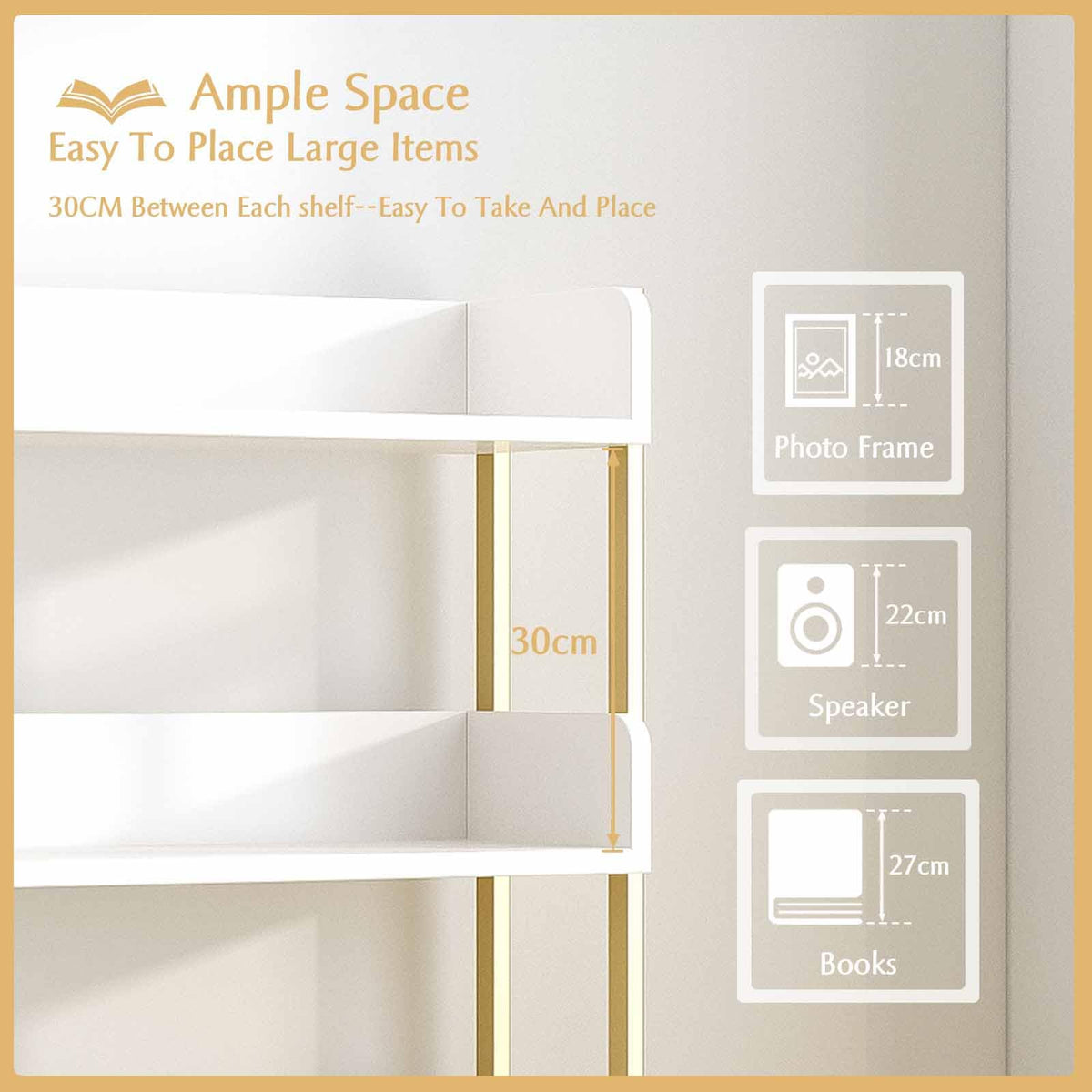 OSCHF Wide Open Shelf Bookcase - Modern 5-Tier Freestanding Display Bookshelf with Three-Side Panels for Home and Office, Storage Shelving in Warm White with Gold Frame