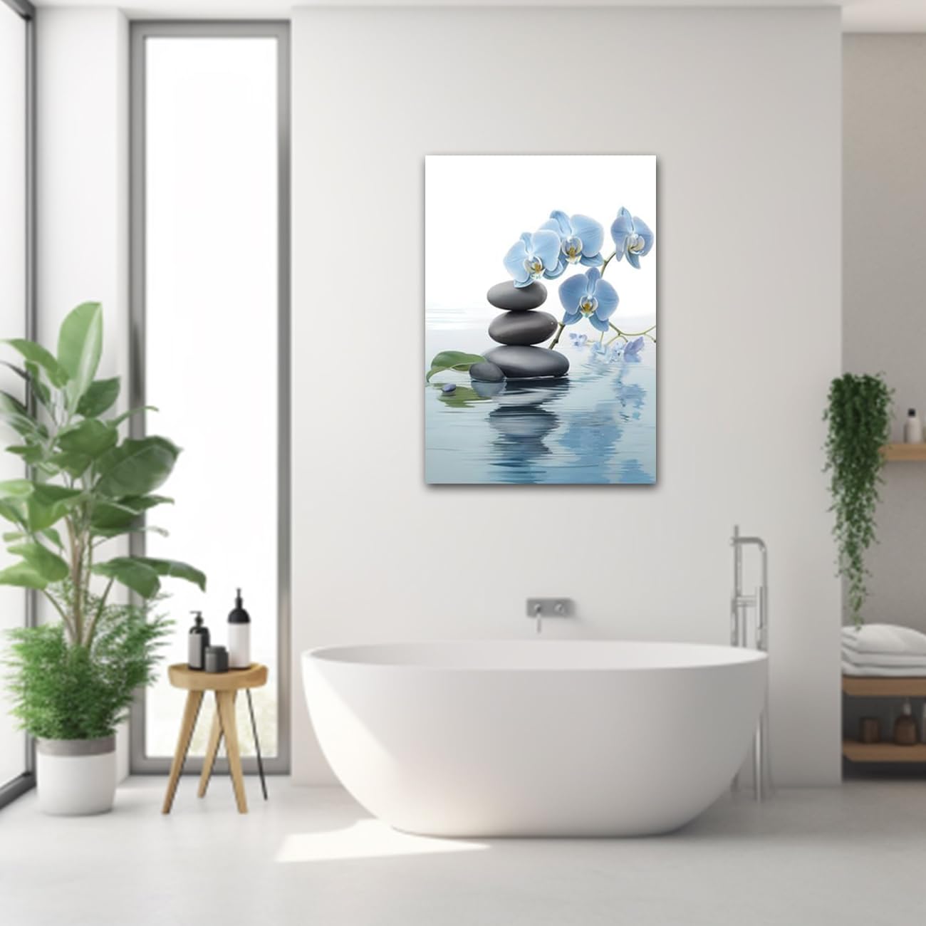 CXHOSTENT Spa Bathroom Wall Art Blue Orchid Flowers and Zen Stones on Water Pictures Print on Canvas Framed Artwork for Yoga Zen Room Decor (Zen-3, 12.00"x18.00")