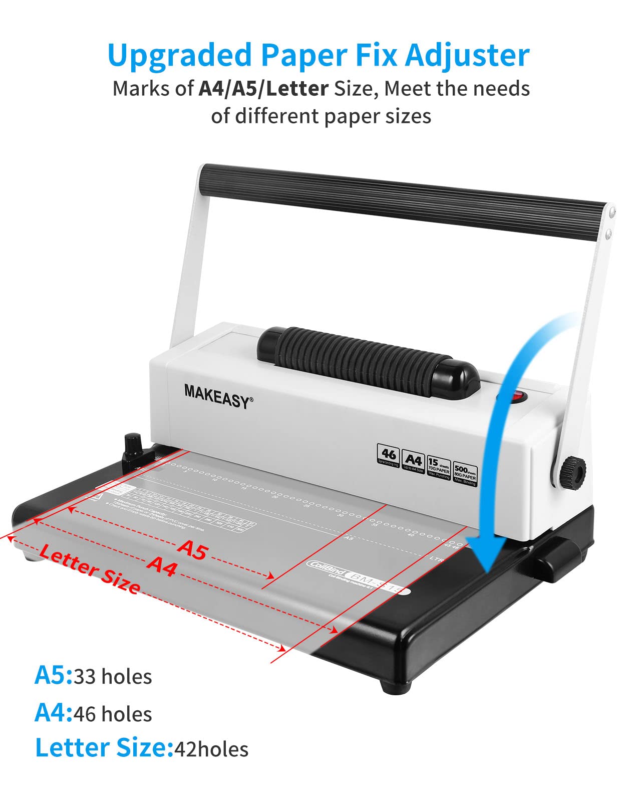 MAKEASY Coil Spiral Binding Machine 4:1 pitch - Manual Hole Punch - Electric Coil Inserter - Adjustable Side Margin - for Letter Size/A4/A5, Comes with 1 Box 5/16'' Plastic Coil Binding Spines & Plier