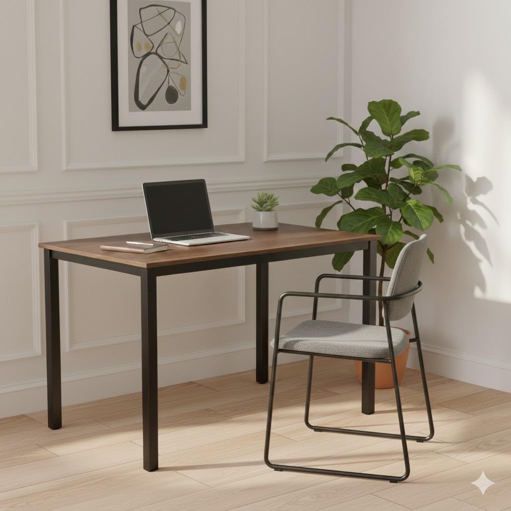 GL GLOBAL LIFE 47 inch Large Computer Desk Wood, Modern Simple Style Desk for Home Office, Bedroom, Study Student Writing Desk, Small Spaces, Black Metal Frame, Walnut Top