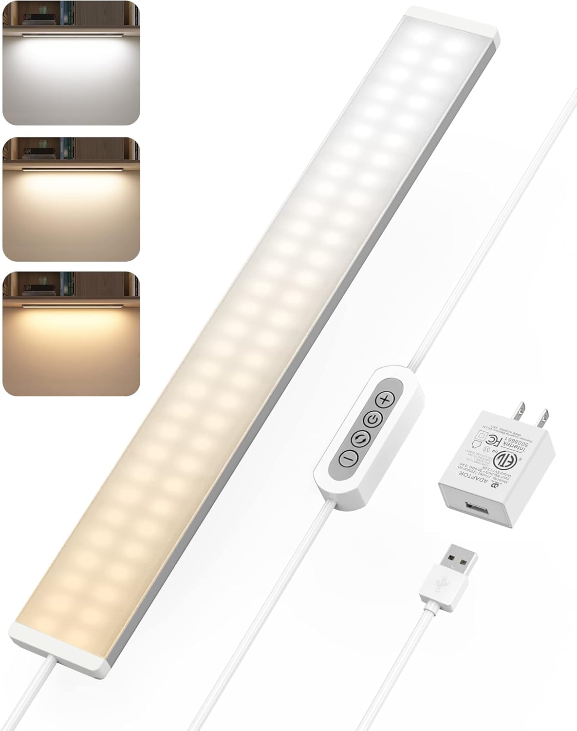 ASOKO Under Desk Light, 16Inch Dimmable LED Under Cabinet Lighting, USB Plug in Cabinet Light for Kitchen/Shelf/Workbench/Cupboard, 3000K/4000K/6000K