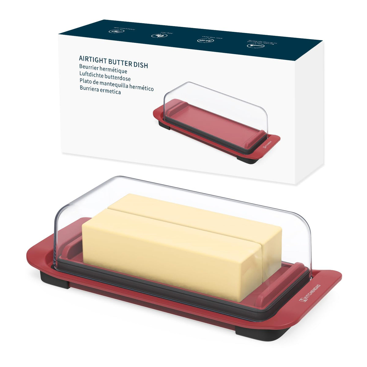 KITCHENDAO Airtight Butter Dish with Lid for Countertop and Fridge, Dishwasher Safe, BPA Free Wide Plastic Butter Keeper for 2 Sticks East Coast/West Coast/European Style/Kerrygold Butter, Red