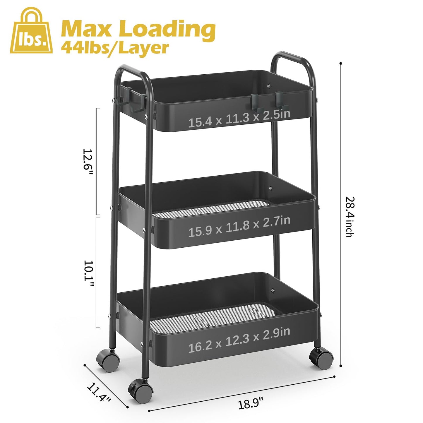 TOOLF 3 Tier Rolling Storage Cart, Metal Utility Cart with Hooks Trolley on Wheels Storage Organizer Serving Cart Mobile Craft Cart for Office, Bathroom, Kitchen, Kids' Room, Classroom Black