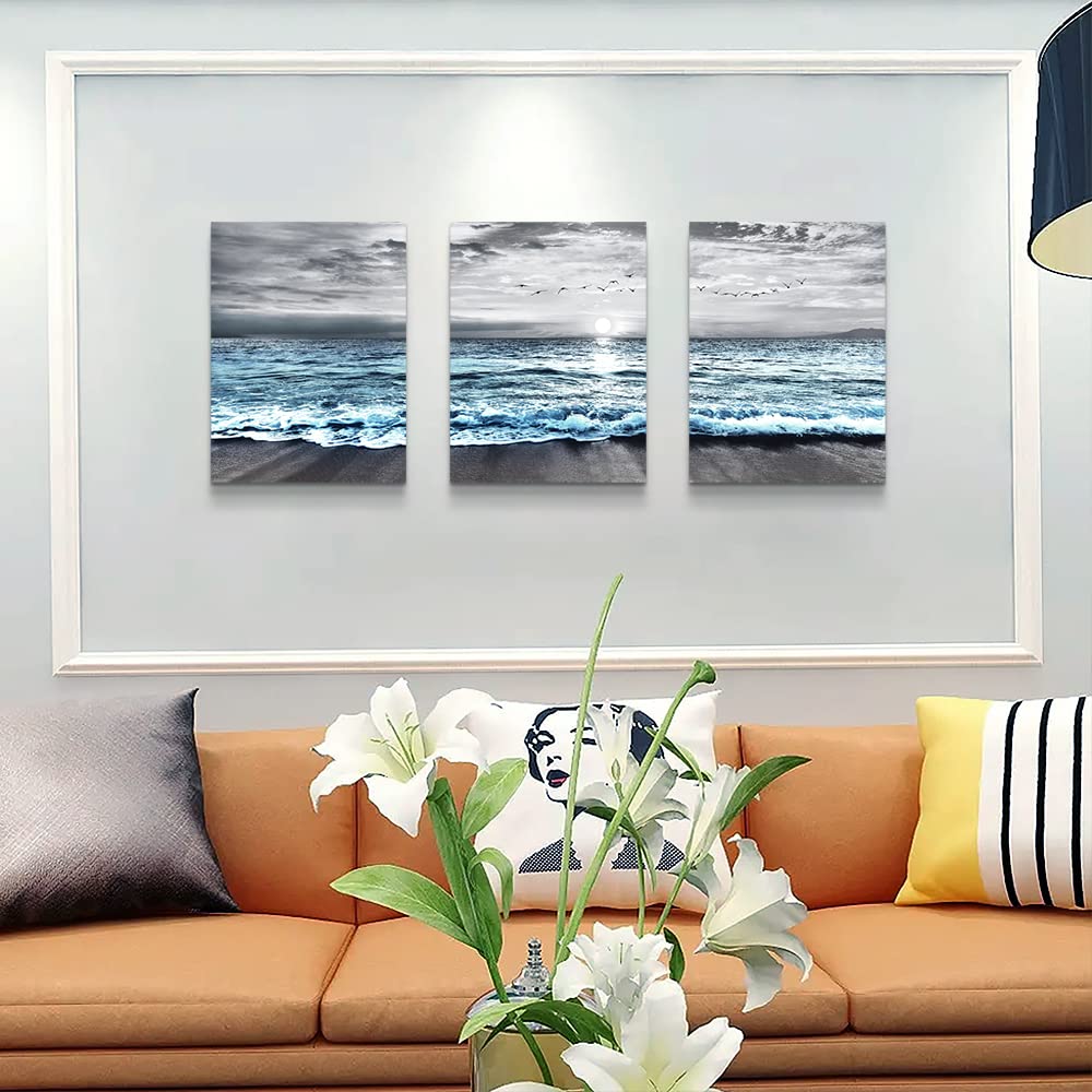 DZRWUBHS Wall Decorations For 3 Piece Framed Canvas Art Bedroom Office Decor Black &White Painting Blue Ocean Sea Wave Pictures Artwork Modern Beach Posters Home Decor,Blue Ocean Landscape Paintings