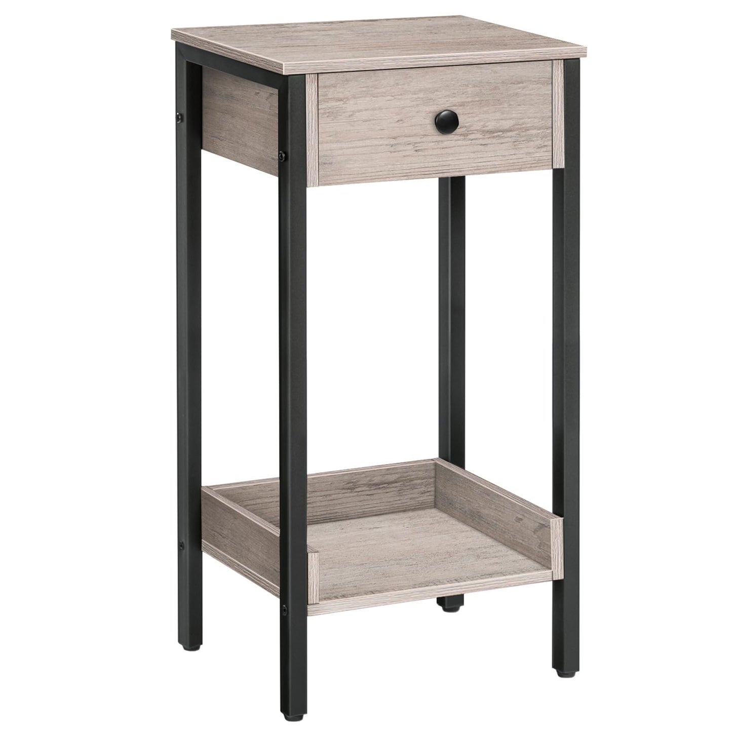 HOOBRO Tall End Table, Nightstand, Industrial Side Table with Drawer and Storage Shelf, for Study, Bedroom, Space Saving, Greige and Black BG71BZ01