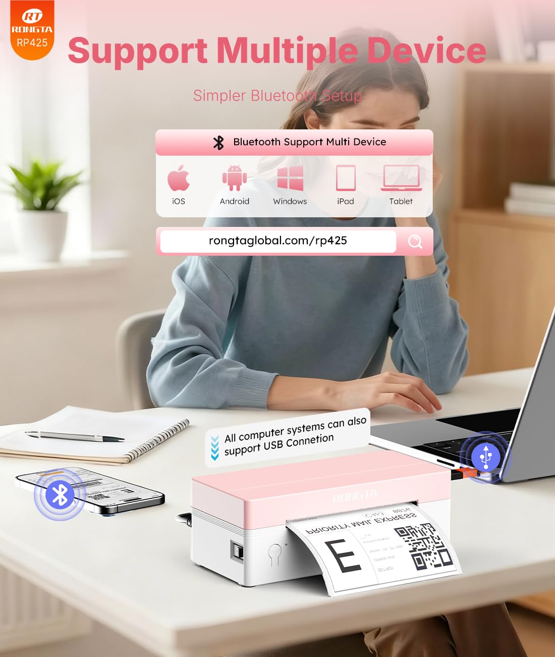 Rongta 4x6 Bluetooth Thermal Label Printer, Wireless Shipping Label Printers for Shipping Packages Small Business Office or Home, Compatible with iPhone Android iPad macOS Windows, Pink