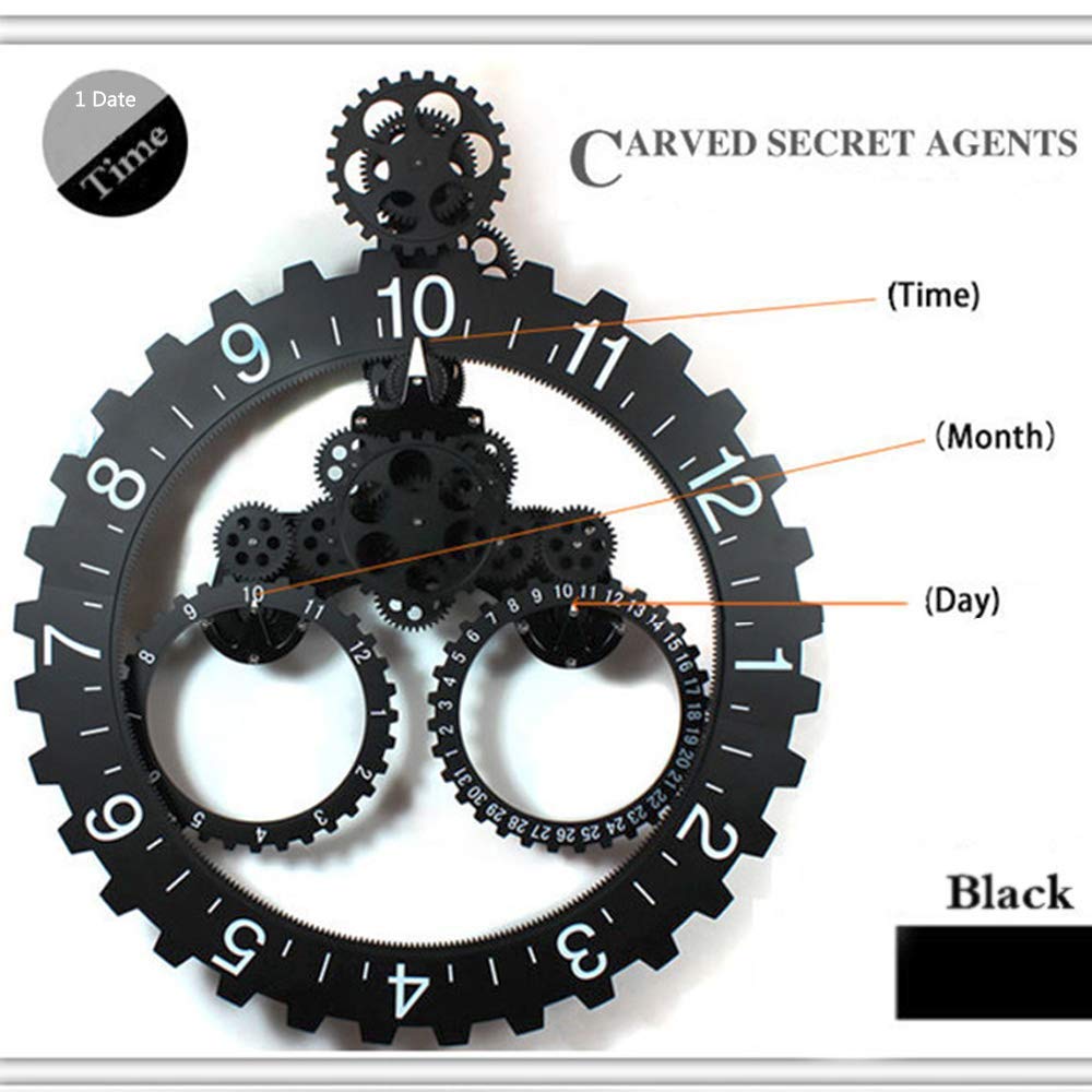 SHISEDECO Hour and Days Display Design Premium Plastic 3D Moving Large Gear Wheel Wall Clock, Perfect for Living Room, Reading-Room, Restaurant, Office Decor (B-Black)
