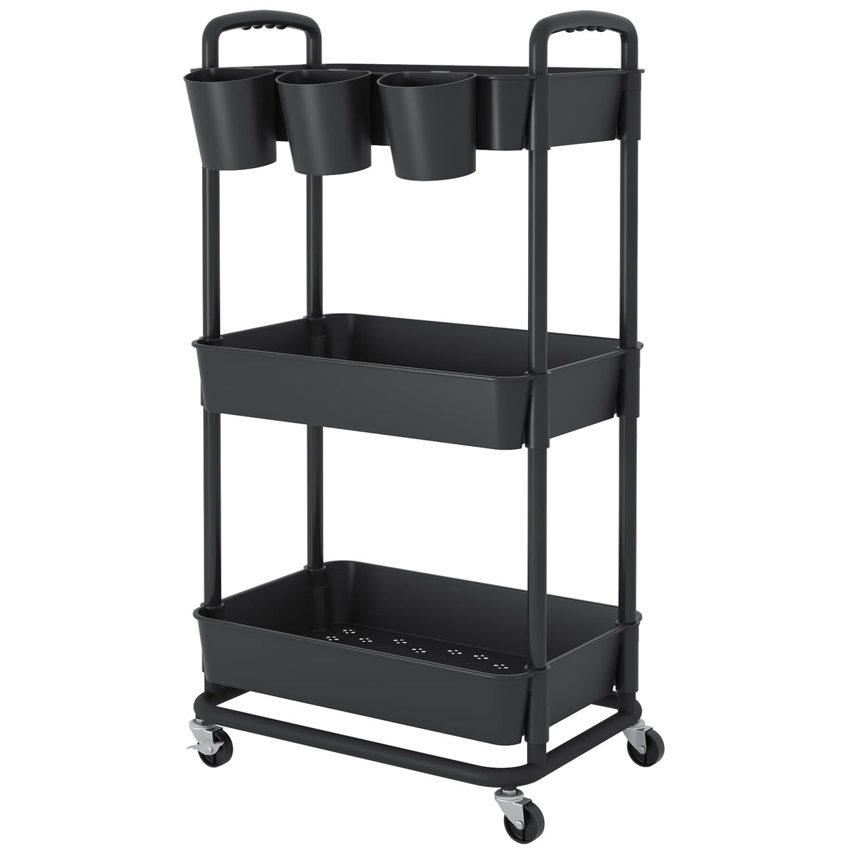 JIUYOTREE 3-Tier Plastic Rolling Storage Cart Utility Cart with Extra Hanging Cups Handles Lockable Wheels for Living Room Bathroom Kitchen Office Black