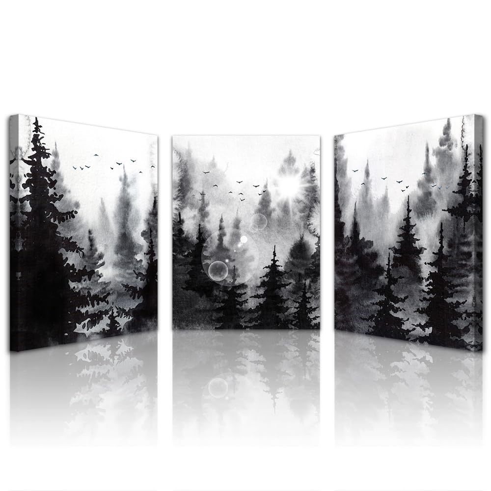 Lapremoly 3-Piece Modern Abstract Art Prints, Black and White Forest Scenery, Canvas Wall Art for Living Room, Bedroom, Office, Home Wall Decor