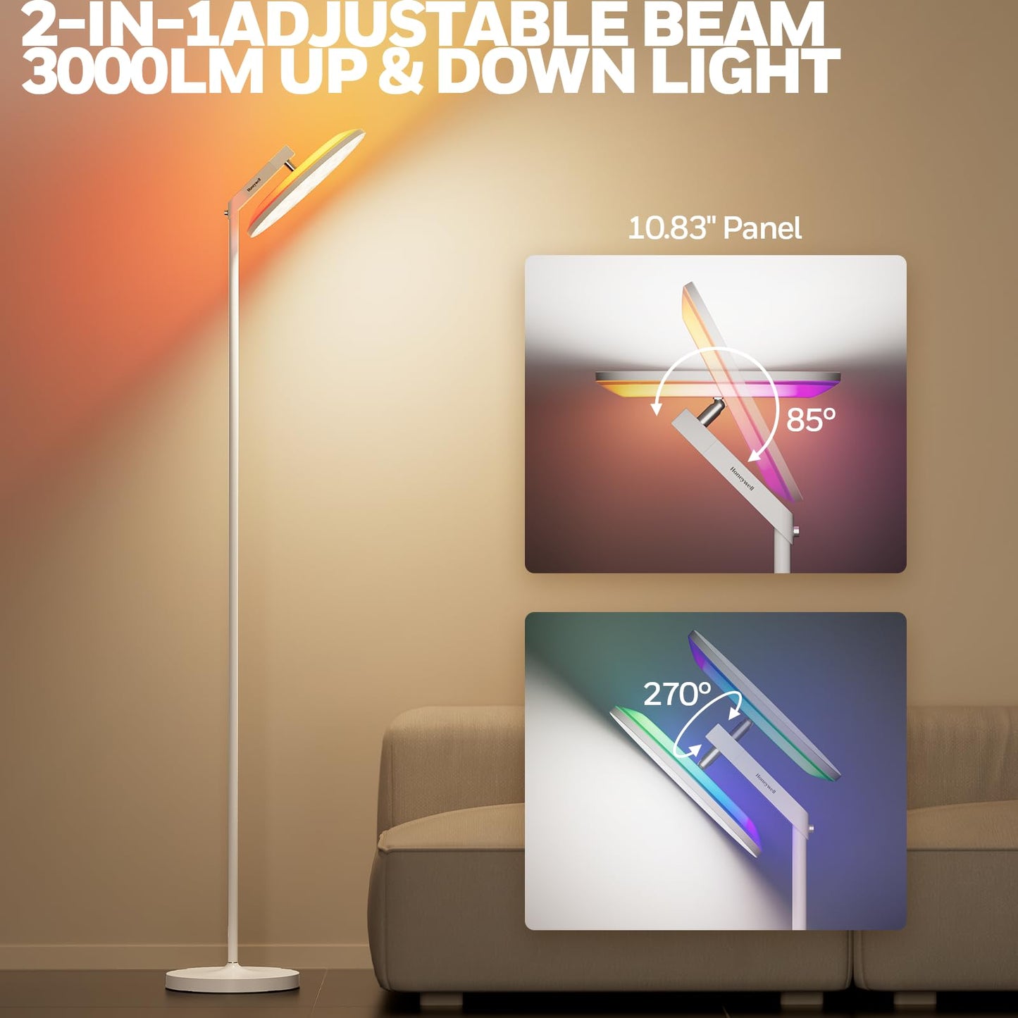 Honeywell 3000LM LED Floor Lamp, Torchiere Floor Lamps with Remote Control, F2 Sunturalux™ 40W Eye-Caring Reading Light, 2700-5000K 6 RGB Modes RGB Standing Lamp for Bedroom Living Room Office White