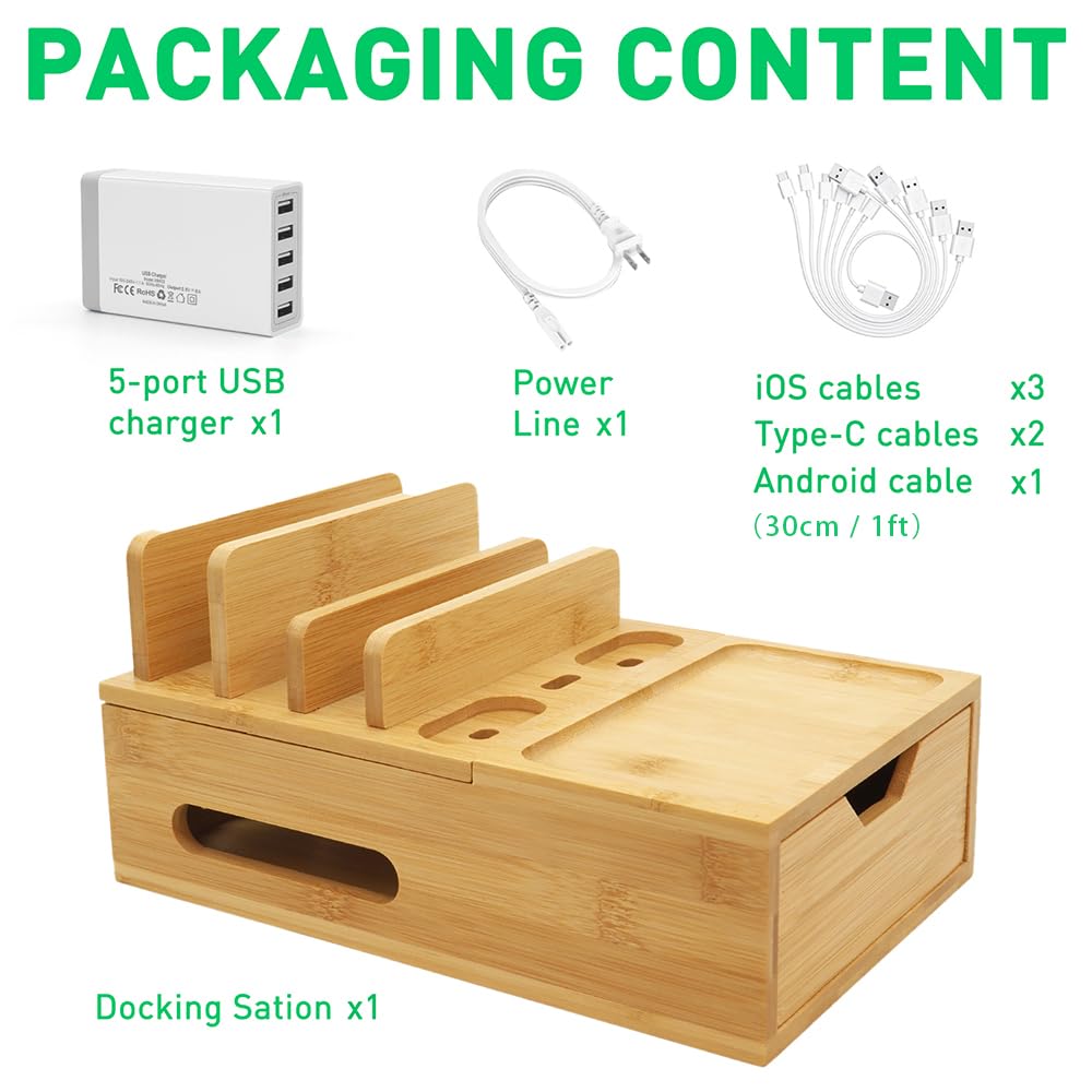 Bamboo Charging Station for Multiple Devices, Desk Charging Organizer with Drawer & Tray, Wood Docking Station for Multi Devices, Cell Phone, Tablet (Included 6 Cables, 5 Port USB Charger)