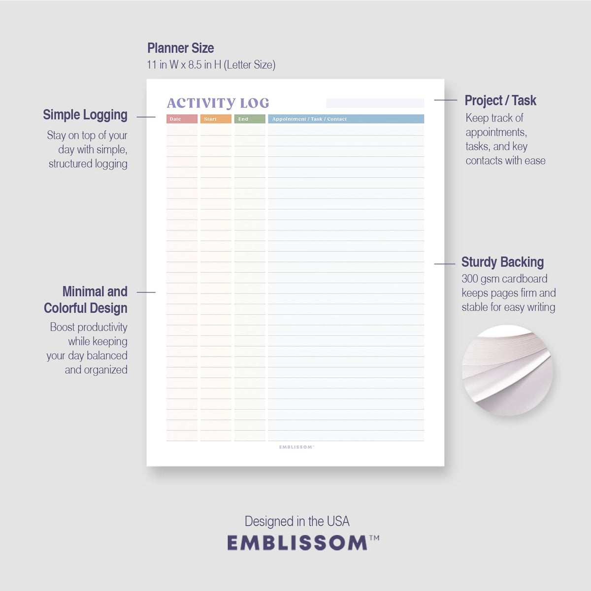 Activity Log Notepad 8.5 x 11 Tear-Off Pad – 70 Undated Sheets Office Project Productivity Planner Contact Action Appointment Task Time Hourly Tracker (White, Colorful, 1 Pack)