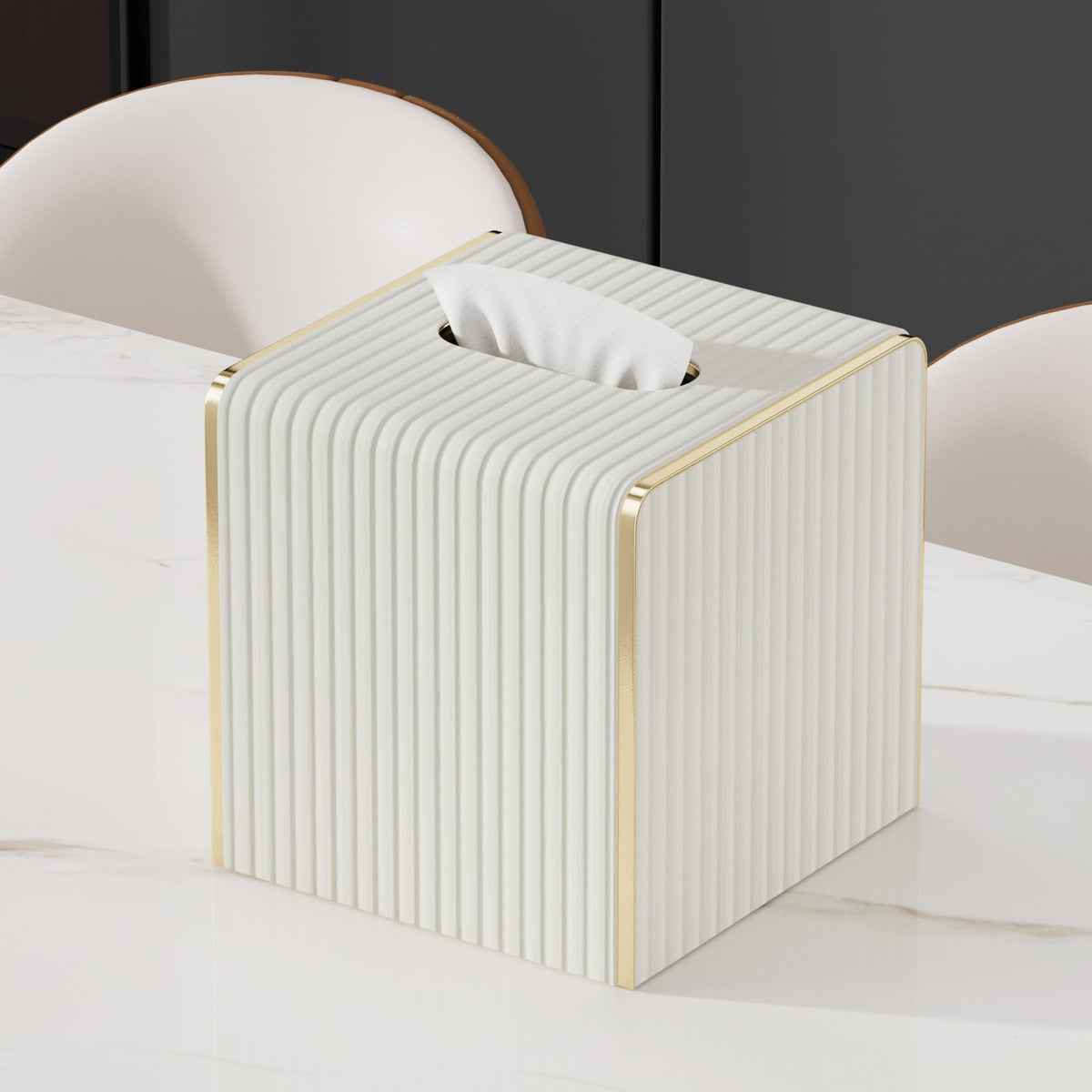 Tissue Box Cover,White Square Leather Tissue Box Holders with Gold-Tone Edging Decoration, Tissue Vessel for Bathroom Toilet Bedroom Living Room Table Desk Office,Modern Home Decor