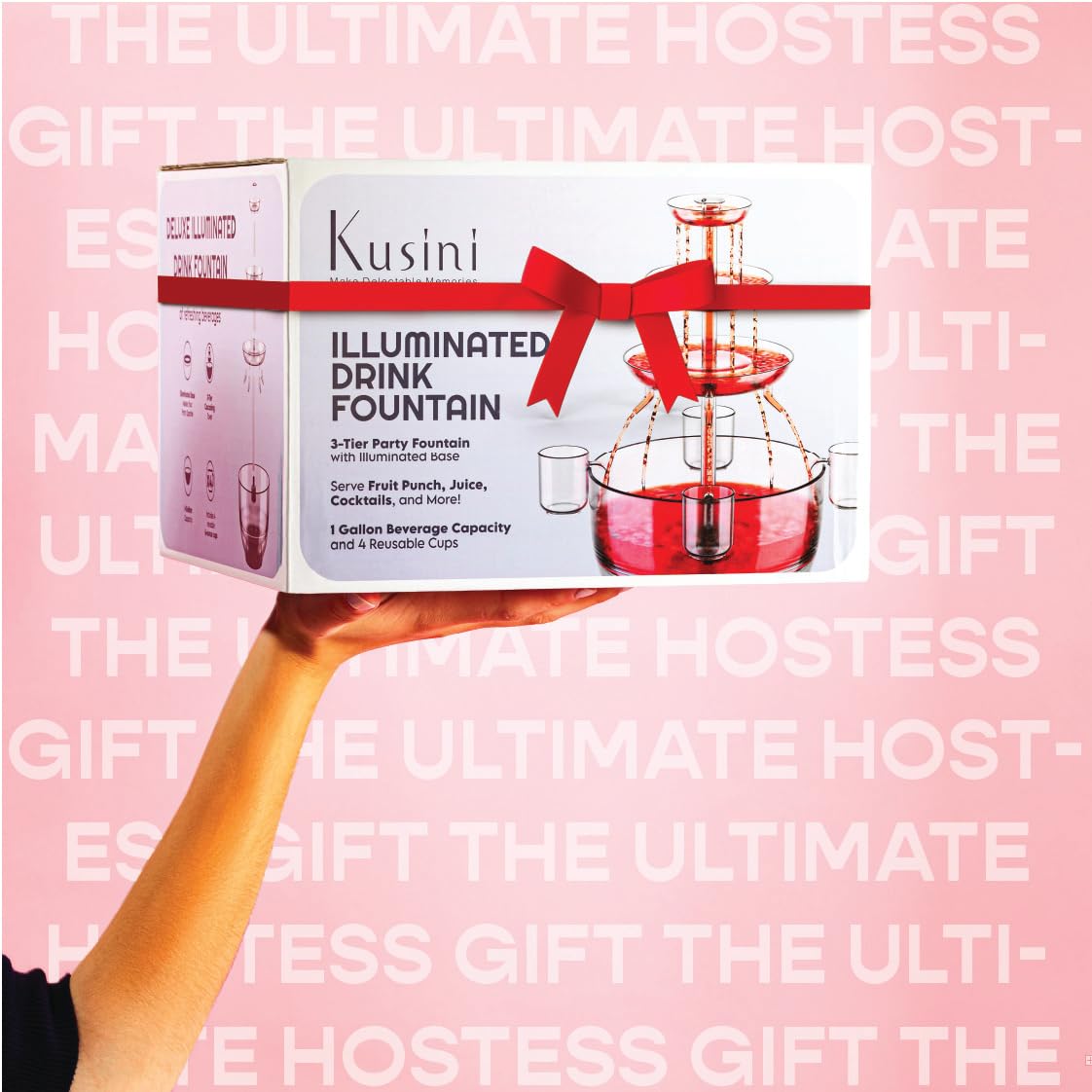 Kusini Drink Fountain for Parties - 1.5 Gal, 3 Tier Punch Bowl Drink Tower, LED Base, 4 Reusable Cups - Drink Dispenser Machine for, Juice, Punch, Pani Puri Fountain for Party Hosting Supplies