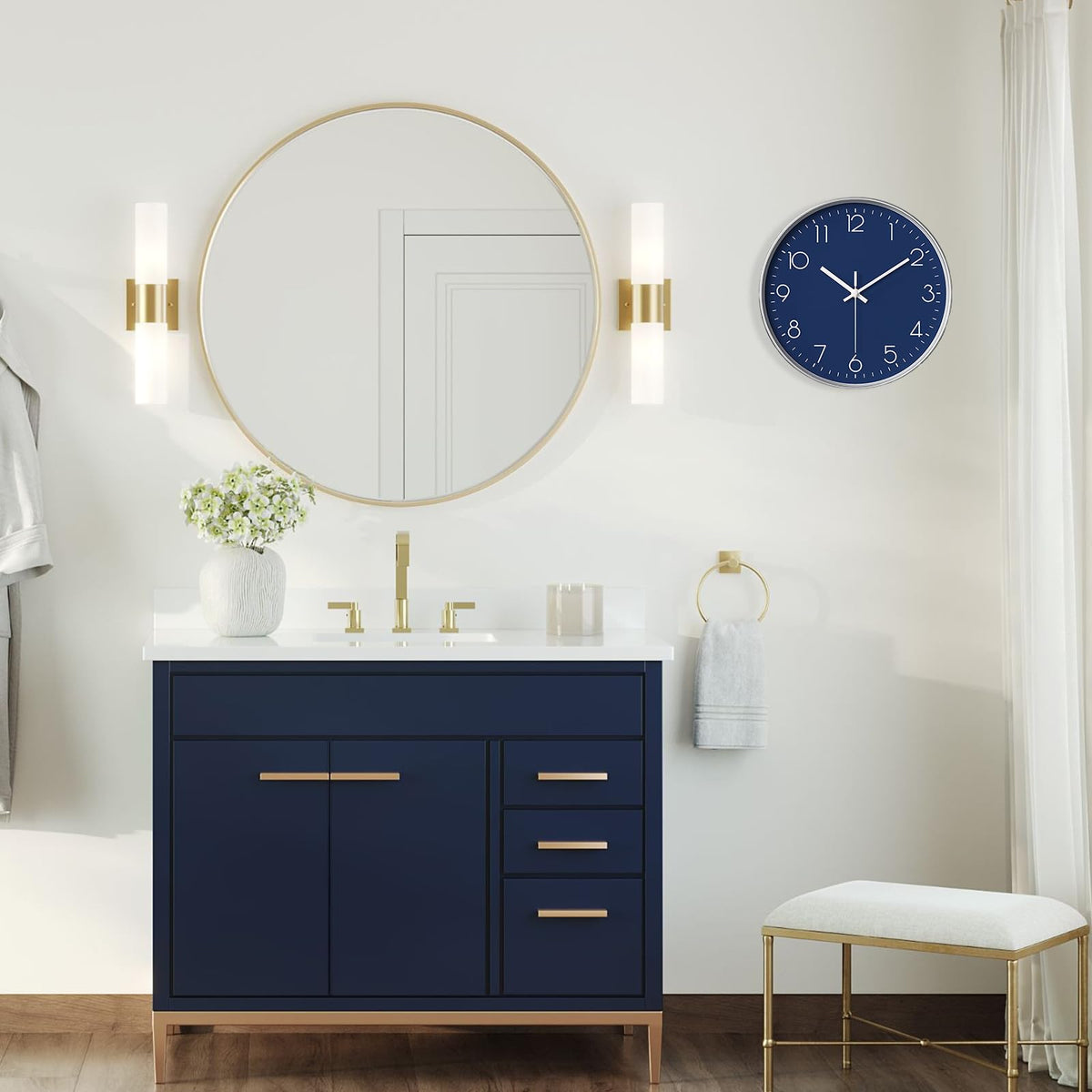 SENYURI Navy Blue Modern Wall Clock for Living Room Decor, 14 Inch Large Wall Clock Silent Battery Operated, Classic Round Analog Clock for Bedroom, Kitchen, Office, Bathroom, Outdoor Patio, Pool