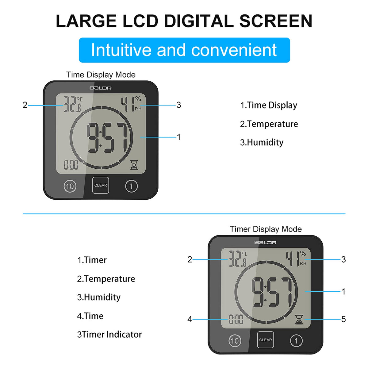 Digital Bathroom Shower LCD Wall Clock with Suction, Waterproof Temperature Humidity Gauge, Touch Screen Timer, Large Countdown Timer (Black)