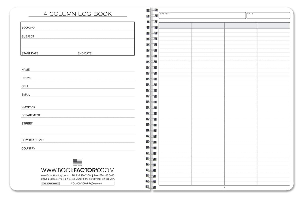 BookFactory 4 Column Log Book Columnar Logbook (Four Columns Notebook Format) - 100 Pages, 8.5'' x 11'', Wire-O (Made in USA)