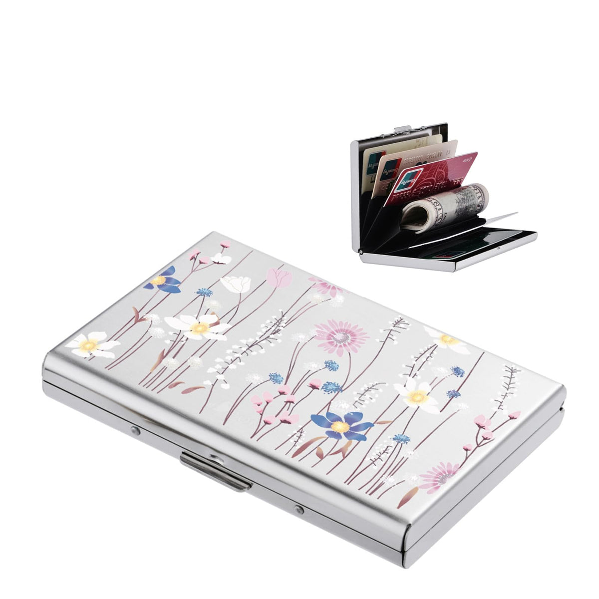 BONSYL® RFID Blocking Credit Card Holders, Slim Metal Credit Card Case Wallet with 6 Slots for Women or Men. (6 Card/Silver/Flower)