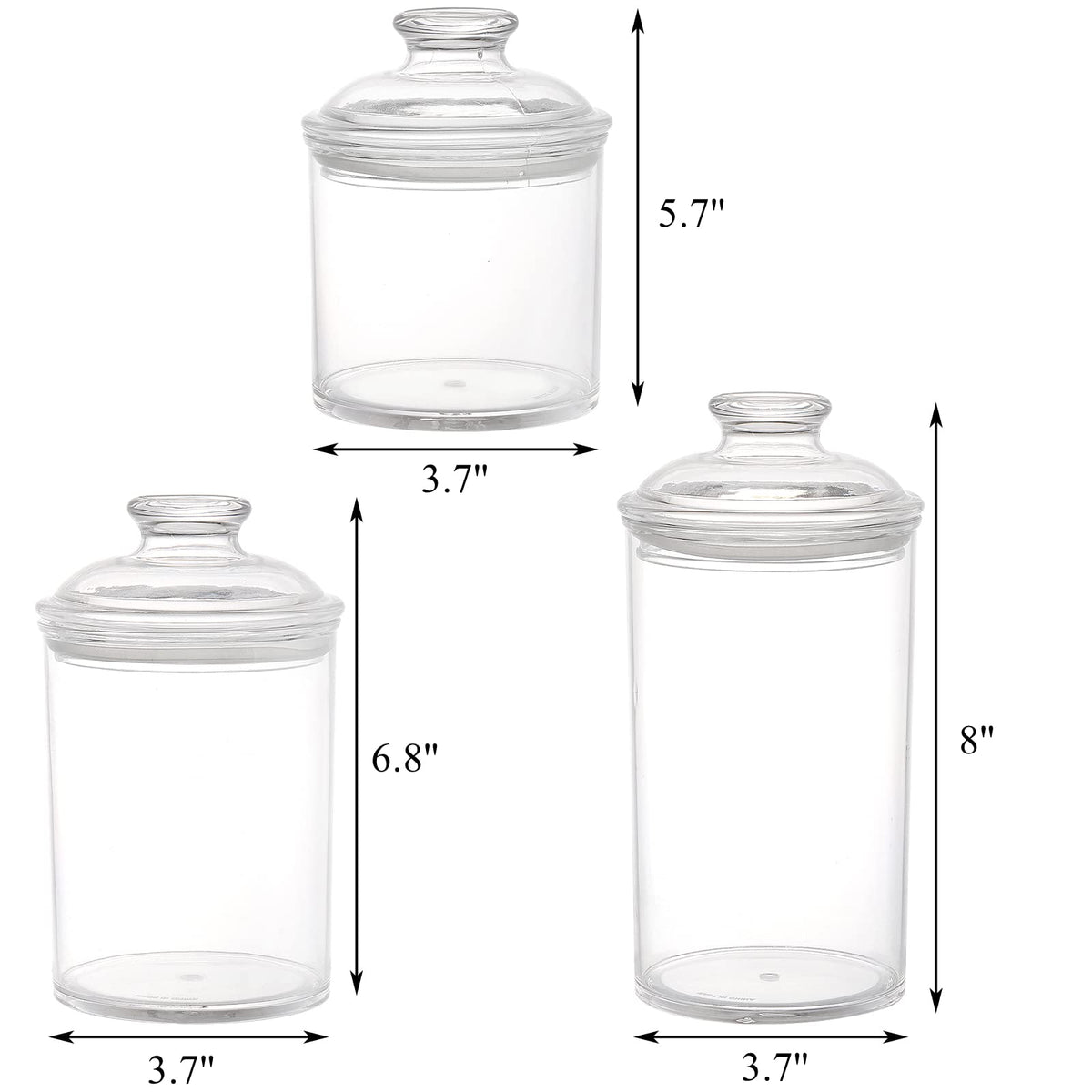 Lyellfe Set of 3 Acrylic Apothecary Jars, Vanity Organizer Canister with Airtight Lids, Bathroom Cotton Swab Holder, Clear Storage Jar for Candy, Bath Salt, Cotton Ball, 34 oz, 25 oz, 17 oz