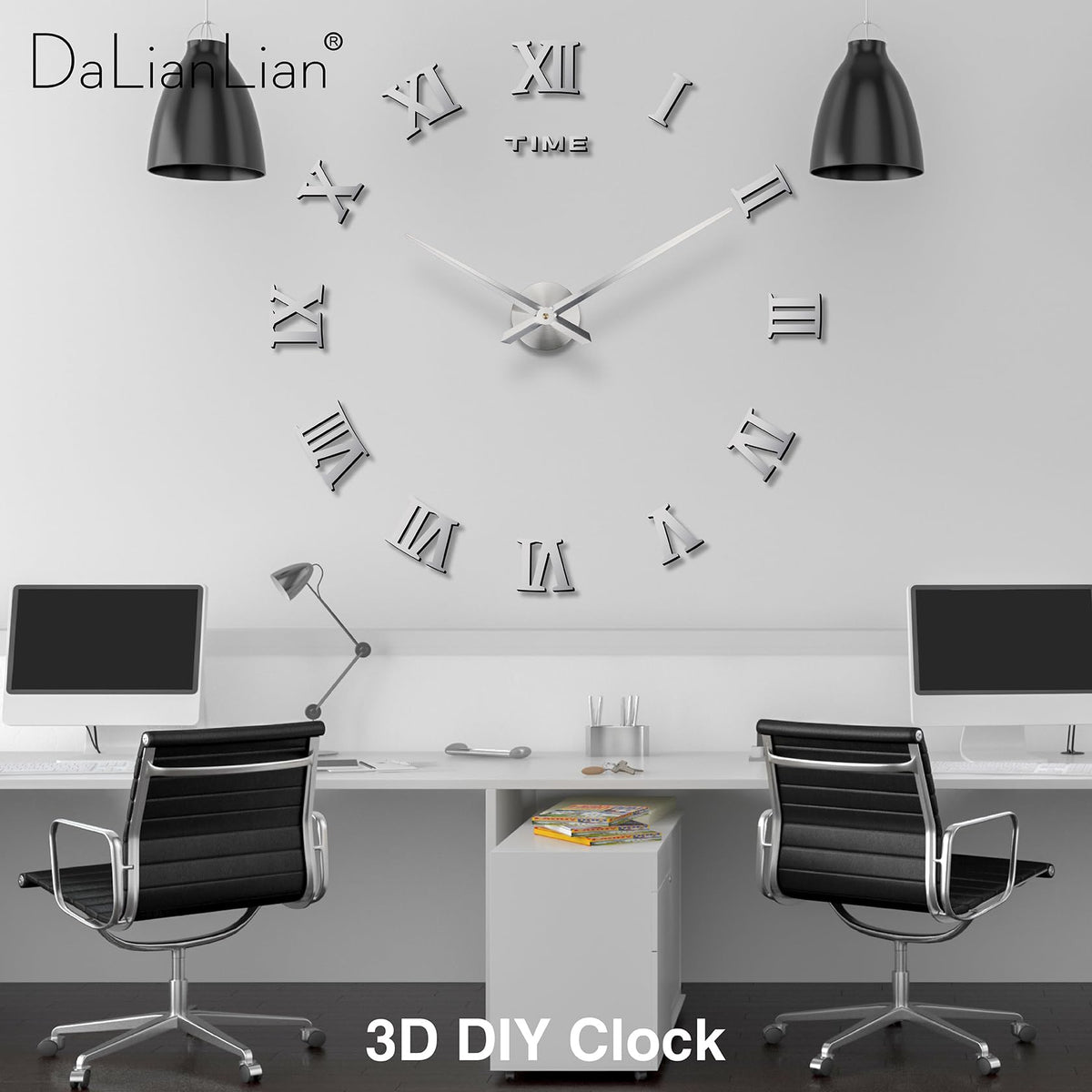 DaLianLian DIY Wall Clock Large Frameless 3D Clock Mirror Effect Classical Roman Numerals Wall Sticker Metal Hands Silent Quartz Movement Decor for Living Room, Bedroom, Office (Silver)