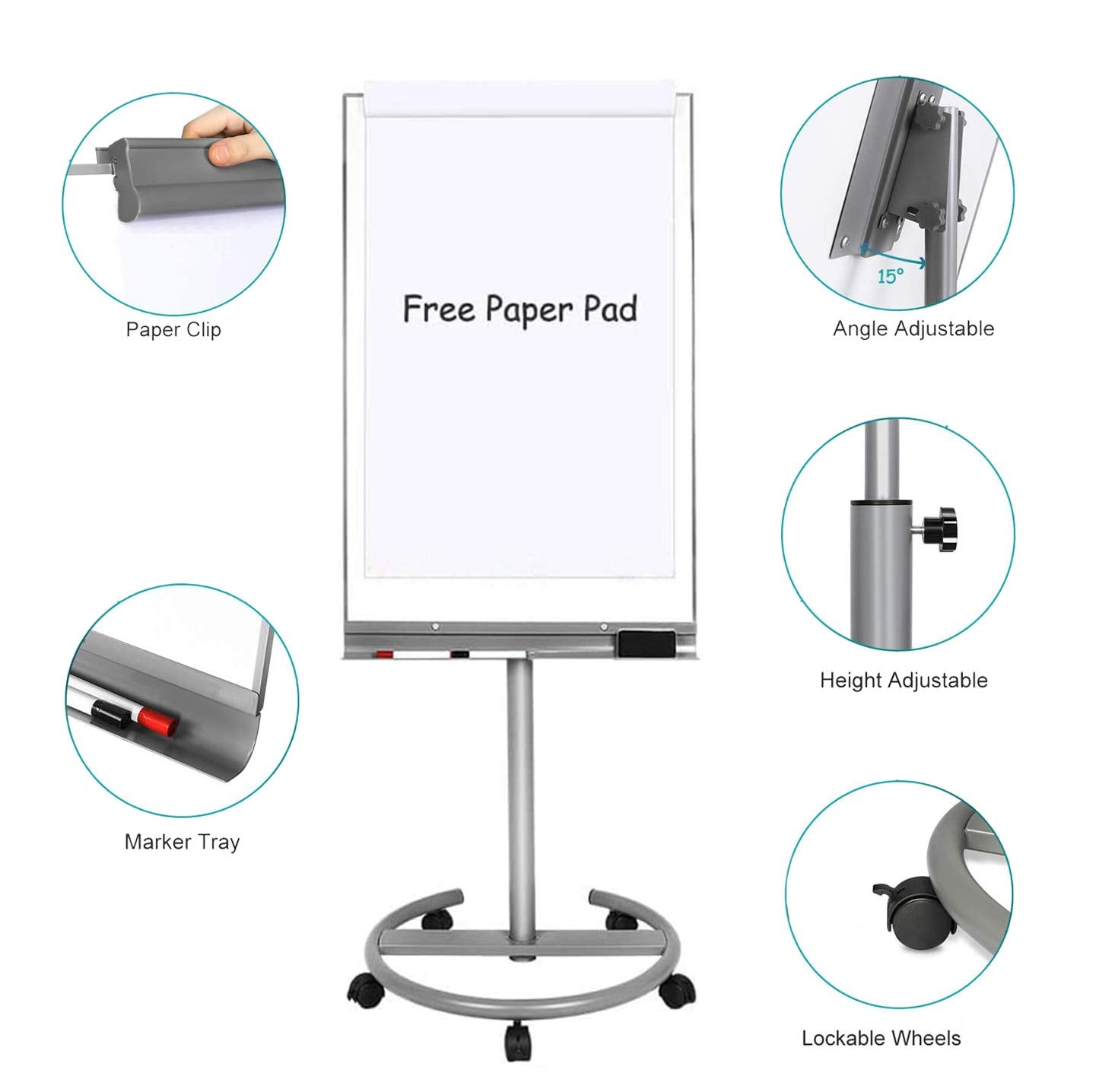 BIBOC Mobile Dry Erase Board – 40x26 inches Magnetic Portable Whiteboard Stand Adjustable Easel White Board Flipchart Easel Board with 25 Sheets Paper Pad 1 Eraser, 2Markers