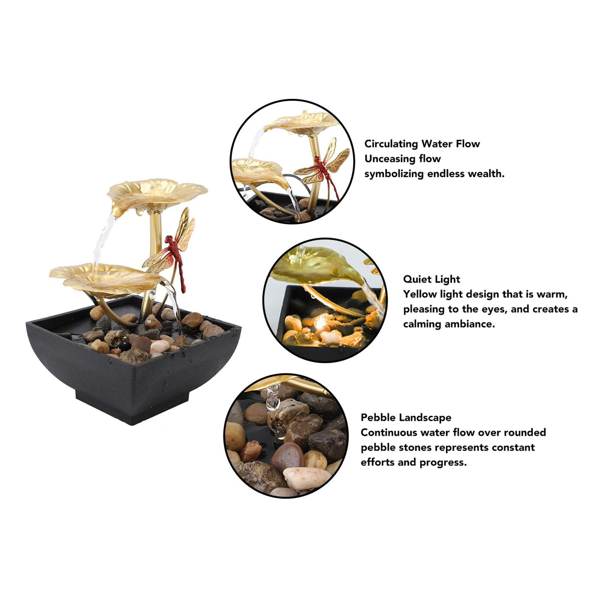 Lotus Leaf Dragonfly Fountain Water Decor, USB Tabletop Water Decor, Iron Circulating Water Feature Crafts Ornaments for Living Room Office