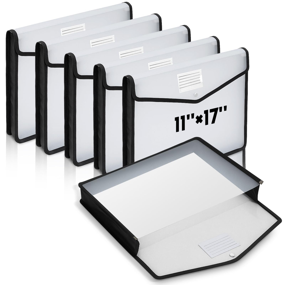 AmazingSpark 6 Pcs 11 x 17 Inch Expandable Tabloid Size Document Folder Organizers with Snap Closure & Label, Clear Plastic Expanding File Folder for A3 Ledger Size Plots Charts (Black)