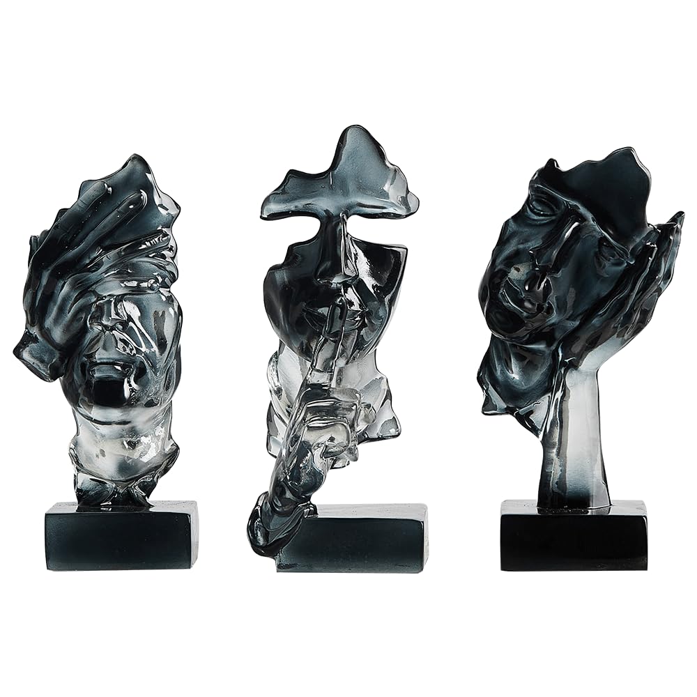 XINXUAN 3PCS Thinker Statue Set : Silence is Gold Abstract Art Statue- Modern Home Resin Sculpture, Piano, Desktop, Office, Study Decoration (Smoke Grey)