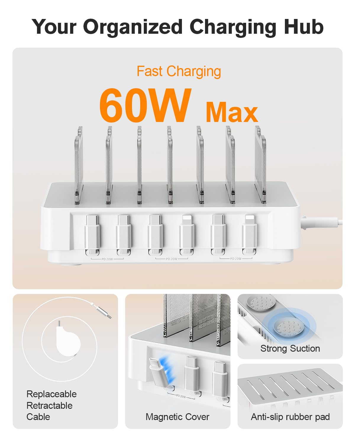 SooPii HomeHub H1 Charging Station for multiple devices,Upgraded 6-Port Desktop Fast Charger with 6 Retractable Cables（4*C+2*iP）,60W PD charger station for iPhone/Tablet,Tangle-Free Charging Organizer