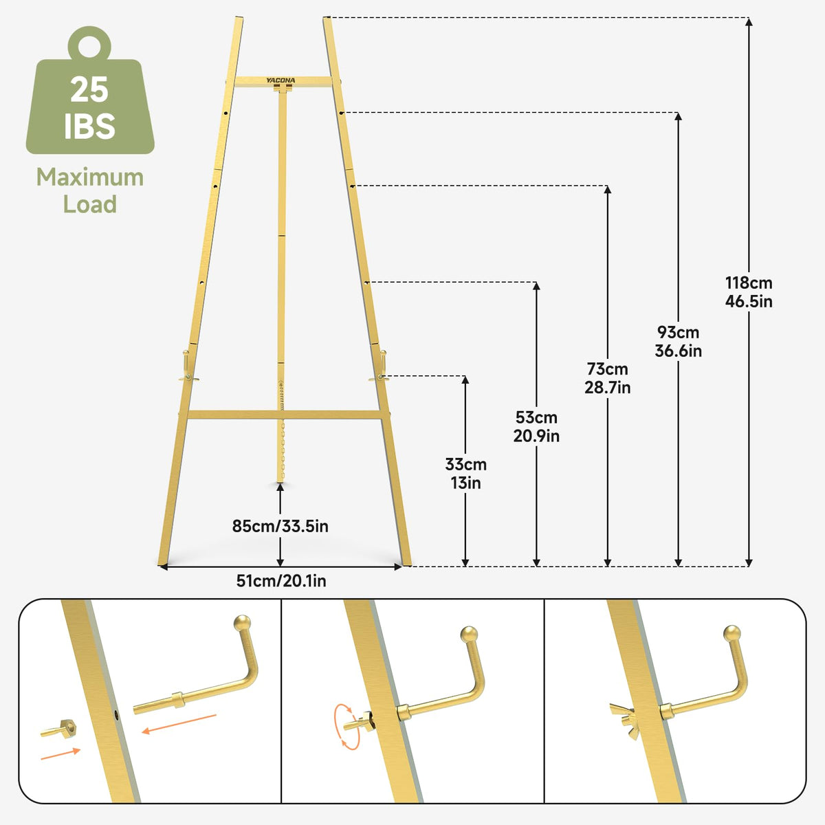 Gold Easel Stand for Sign, Heavy Duty Metal Display Easel with Adjustable Chain, 4-Tier Art Easel for Painting, Wedding Sign, Posters & Commercial Display
