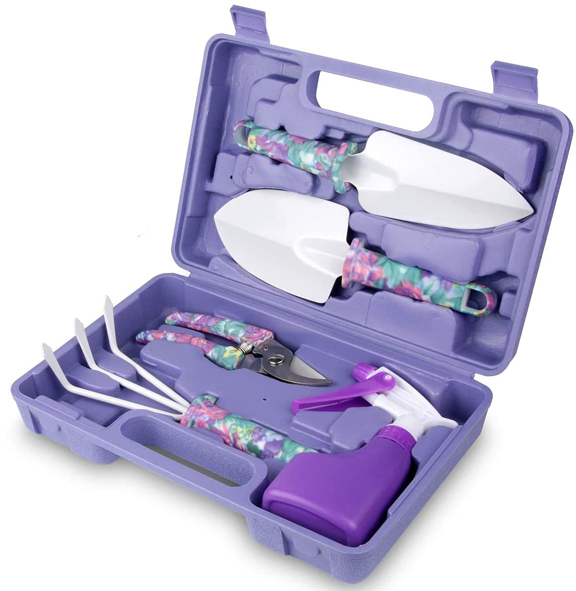 Gardening Tools,5 Pieces Garden Tools with Floral Print, Ergonomic Handle Trowel Rake Weeder Pruner Shears Sprayer,Gardening Supplies with Carrying Case Gifts for Women